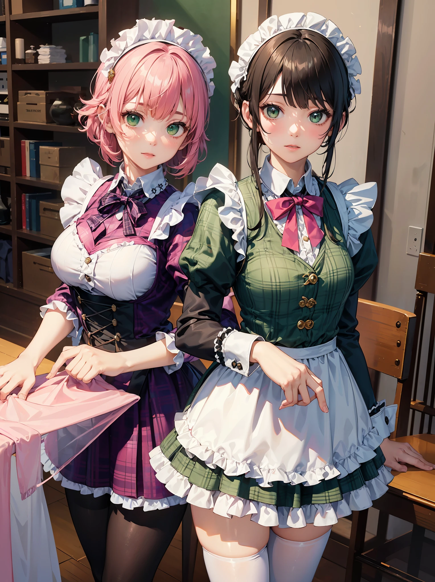 Legendary masterpieces、absolute resolution、Super detailed and realistic stick、one girl、cute girl、white brim、可愛いpink色の大きなリボン、(pink&Dark green plaid Victorian maid dress made of taffeta fabric, mainly shantung fabric and organdy fabric with beading processing.、:1.5)、With raschel stretch lace or tulle at the hem of the dress、(Gold buttons on the front:1.2)、(frills、red tie、White jacquard blouse:1.4)、(Peach cardigan with loop yarn and glitter、cable knit patterns:1.3)、(Shiny black tights denier２０:1.1)、One length bob cut braid black hair、Fine silky smooth hair、super detailed soft costume，