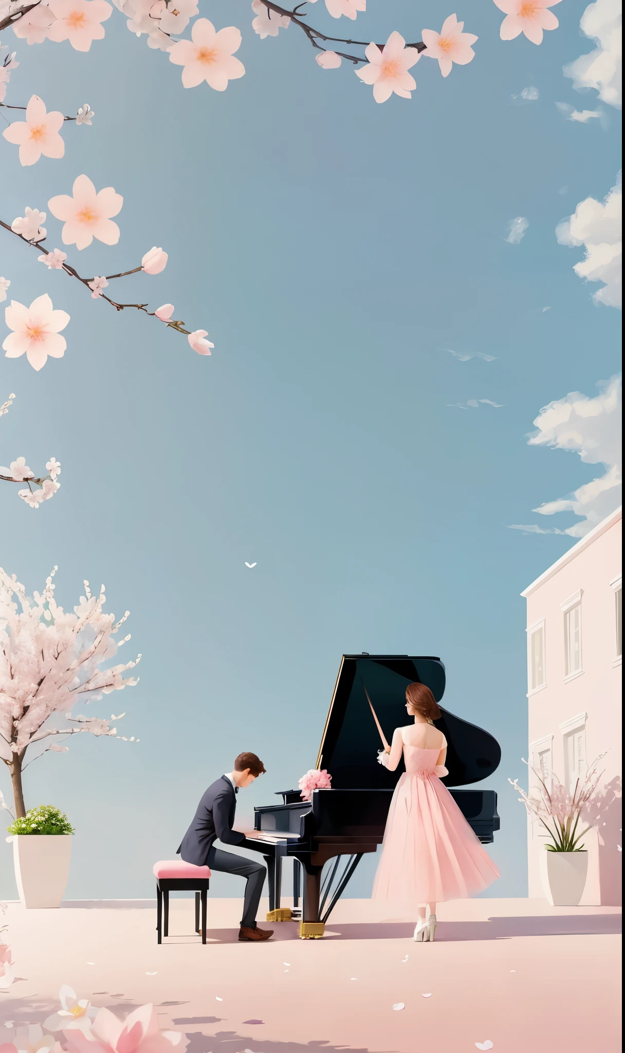 spring,couple,piano,illustration,love,Pink tones,OC rendering,HD,multi-detail