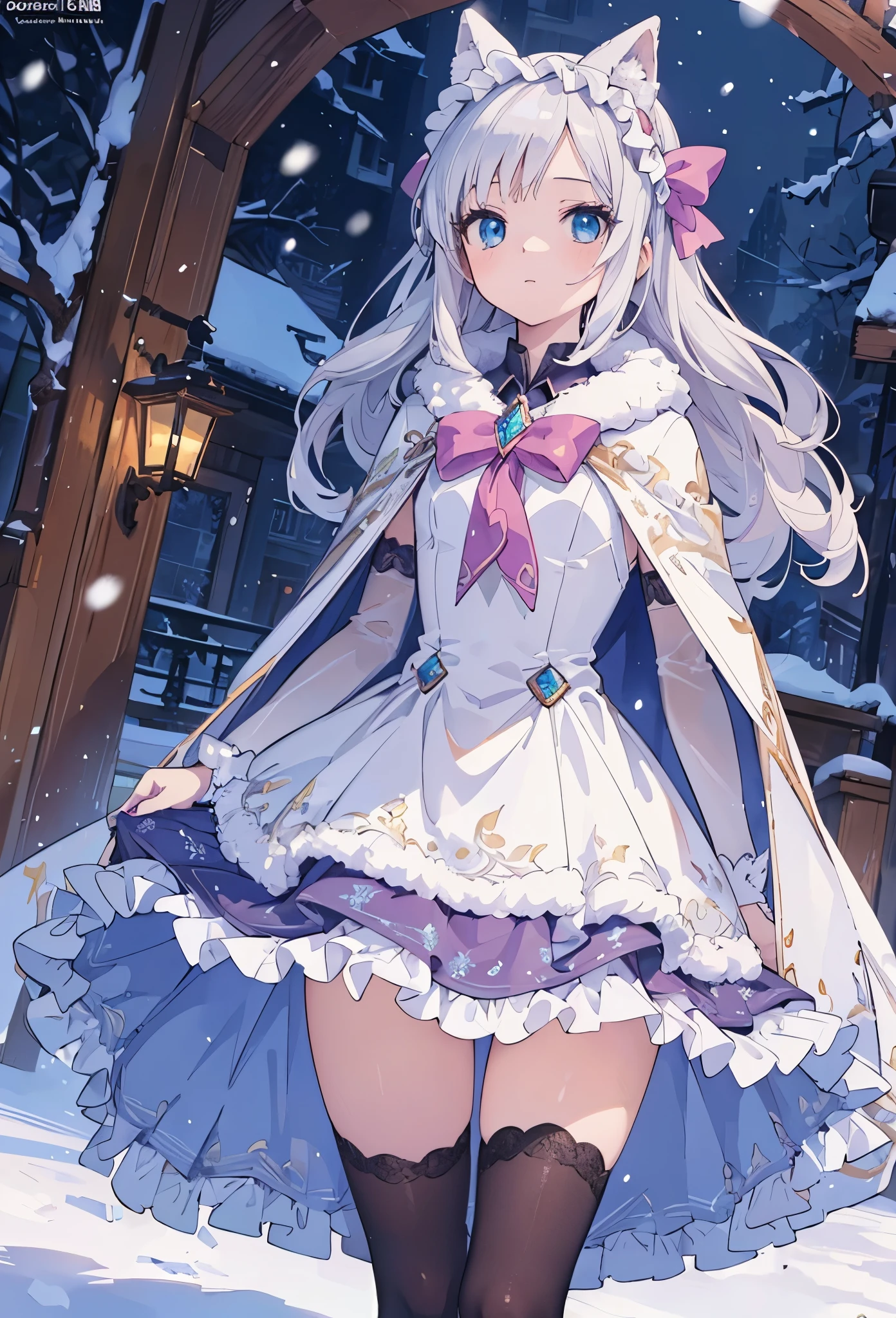 ((Highly accurate drawing in every detail)Extremely precise depiction)[High resolution],(detailed illustrations,Very detailed and precise drawing,Delicate drawn lines with tempo,Realistic texture expression),[color traced main line],[Winter Park [Walking trail](powder snow)],[HENTAI] kawaii ((anime) tareme Girl (Pretty)  [SKINNY [thin chest]]) (silver hair [[Hairstyles with a wide forehead]]) ((Magical girl)),((holly leaves) headdress) (Fur collared cape((frills) ribbon)[boa fabric dress][Color stockings],transparency [Soft ambient light] gravure [Colorful],(intricate and beautiful decoration [Dense detail]),(Fine and beautiful skin expression [transparency]),Precisely drawn eyes[完璧な目のdetailed(Iris drawn in minute detail)(Beautiful eyes like jewels)],[eyes light[Pinpoint lighting for the eyes]],[long and beautiful eyelashes],[precisely drawn hair [美しく艷やかな髪のdetailed]],(完璧な手のdetailed [Beautiful fingers with no damage [beautiful nails]]),(perfect anatomy(perfectly balanced proportions))[[full body portrait]],[ideal color coordination(Accurate simulation of light and material interactions)],([Precision Detail](detailed,High definition)),[[Pale and gentle colors]][Visual art that tells a story].