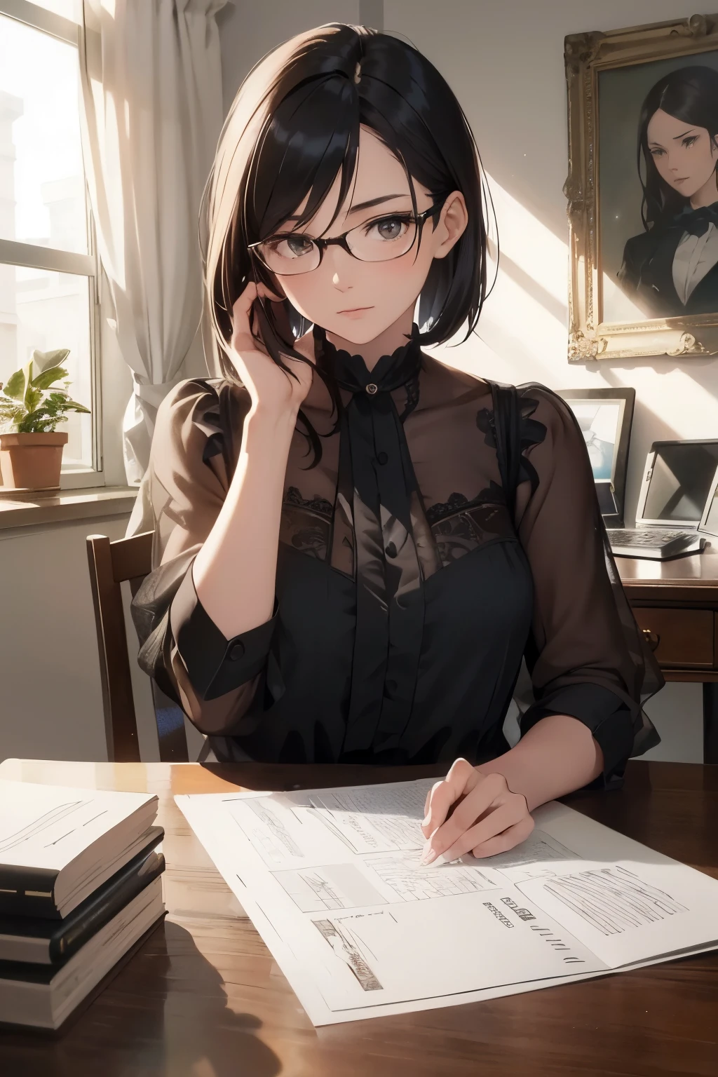 Masterpiece of a sophisticated woman in her 30s, intently focused on her computer work, with a determined expression and wrinkles of concentration etched on her face. Her slick, shoulder-length bob frames her delicate yet expressive features. Desk cluttered with stationery and papers, surrounded by soft, warm lighting from the room, casting real shadows that add depth to the scene. She wears a chic blouse and trousers, accentuating her elegant figure. A steaming cup of coffee sits nearby, adding a touch of cozy intimacy to the image. The overall composition of the painting, full of fine details, captures the balance between productivity and relaxation.