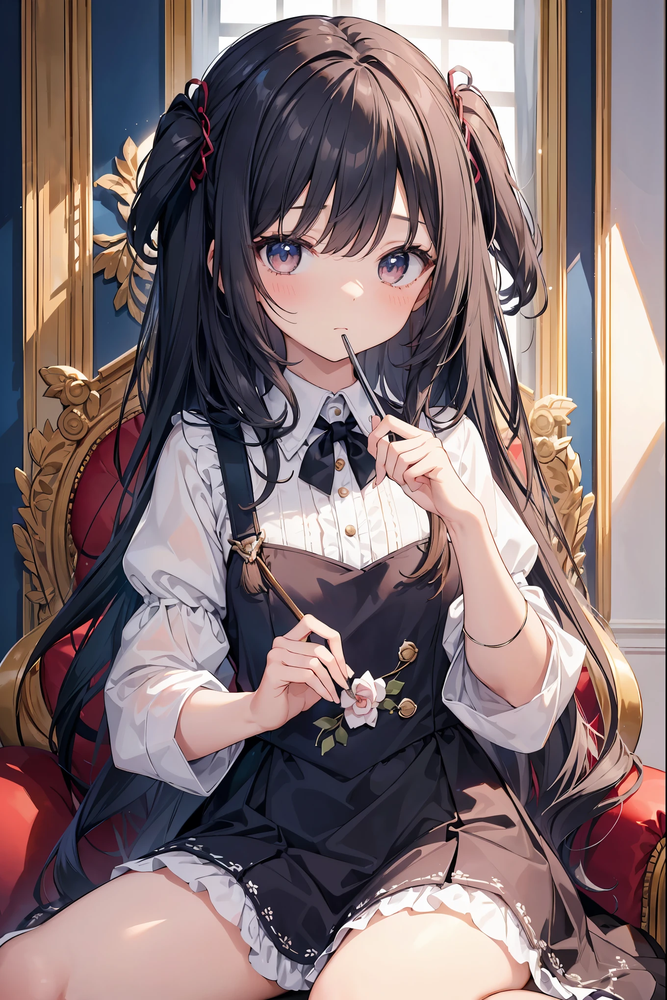 In a stylish room、(Girl's costume like a bisque doll:1.1)An adorable girl is sitting wearing。A charming ensemble、ruffled collar and cuffs、and his youth々Featuring delicate lace details that accentuate its innocent look.。her hair is perfectly styled、It is characterized by a clean center parting and soft waves that frame the face.。She exudes sophistication and poise、look forward as if lost in thought。The room around her is filled with ornate decorations.、Plush cushions and plush curtains add to the overall elegance。The atmosphere is one of sophistication and sophistication、Perfect for a girl's sophisticated look。Despite its small stature,、There's a quiet confidence in the air、It's like I'm aware of my own charm、It's like you know how to use it to your advantage.。( cute girl:1.2)、solo、(soloフォーカス:1.3)、Wariza、Close-up