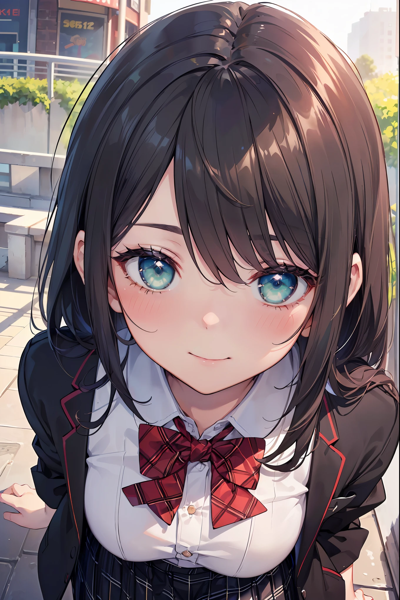 ((masterpiece, best quality, highres, UHD, perfect pixel, depth of field, 4k, RTX, HDR))), 1girl, single, solo, beautiful anime girl, beautiful artstyle, anime character, ((long hair, bangs, brown hair, curly hair:0.5)), ((green eyes:1.4, rounded eyes, beautiful eyelashes, realistic eyes)), ((detailed face, blushing:1.2)), ((smooth texture:0.75, realistic texture:0.65, photorealistic:1.1, anime CG style)), medium breasts, dynamic angle, perfect body, ((portrait, pov)), ((red bowtie, school uniform, black jacket, open jacket, brown cardigan, white shirt, black skirt, plaid skirt)), smile, hands up, amusement park