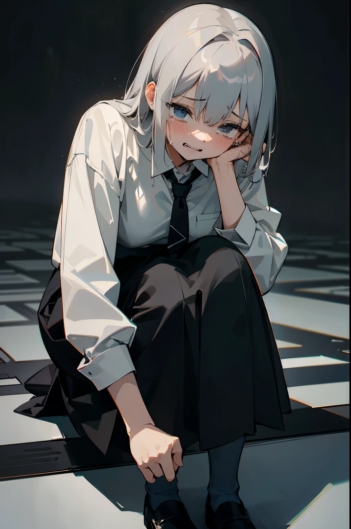 anime style, young adult woman, with blue right eye and green left eye, short white hair.
Sitting next to a grave.
is crying.