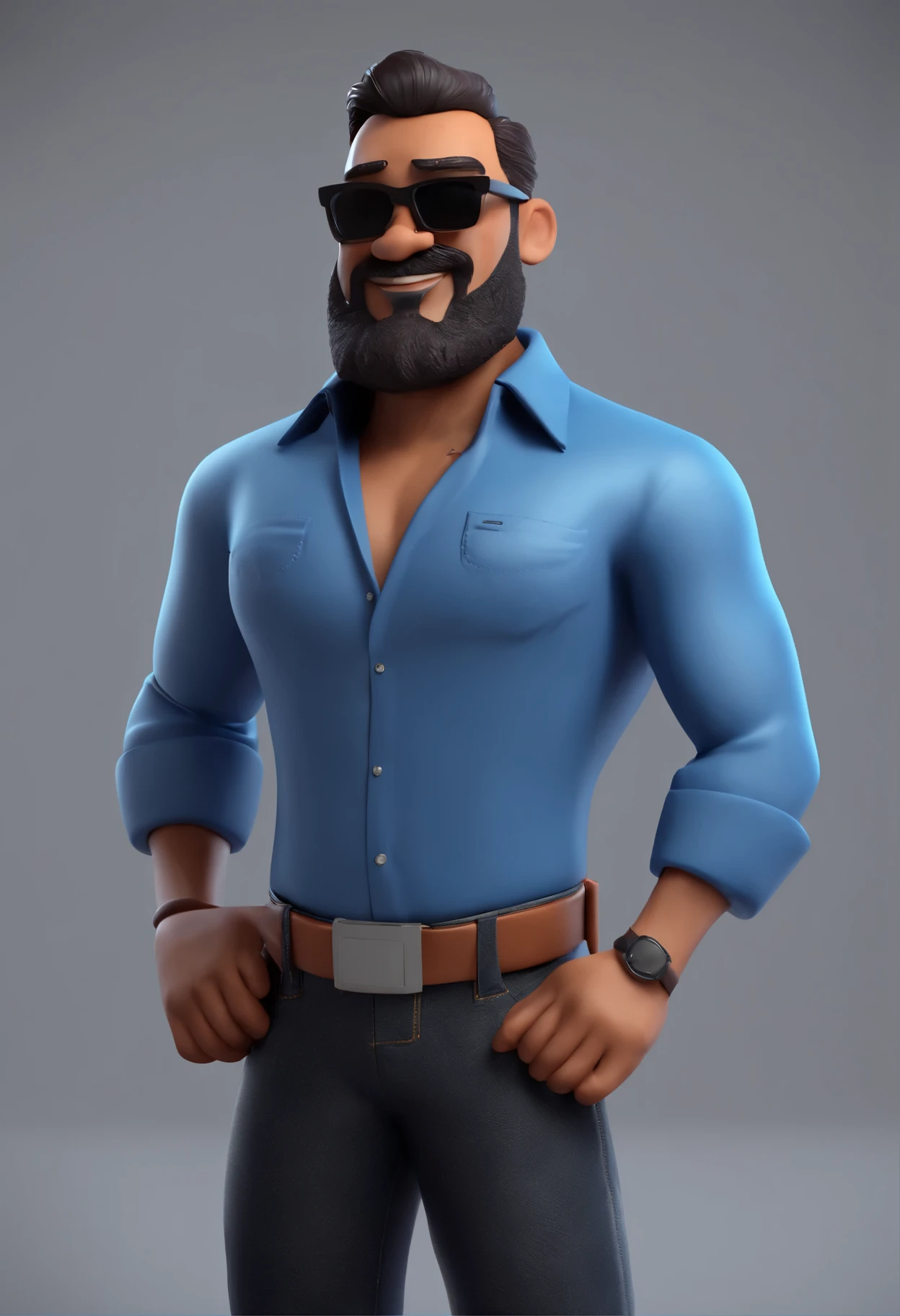 slightly fat man standing smiling, black beard, dark skinned, dark skin, medium height, dark glasses, blue shirt, jeans, white background, animation character, stylized character, animation style rendering, stylized 3D, Arnold Maya render , 3d stylized render, toon render keyshot, 3D Character, 3D Character, stylized 3d render, 3d character render, cartoon character, Close up character, Character pose, (Pixar Style) (master part:1.2) ( Bokeh) (best quality) (detailed skin) (detailed texture) (8k) (clay) (Cinematic lighting) (sharp focus