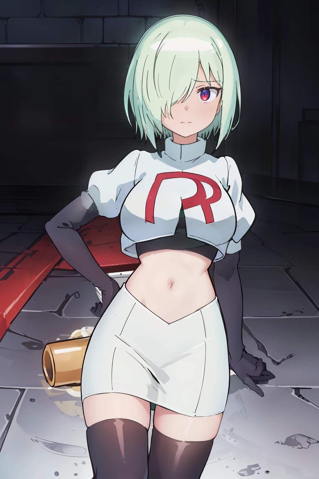 (extremely detailed CG unity 8k wallpaper), (masterpiece), (best quality), (ultra-detailed), (best illustration), (best shadow), (absurdres), druj, 1girl, green hair, hair over one eye, team rocket,team rocket uniform,white skirt,red letter R,crop top,black thigh-highs,black elbow gloves