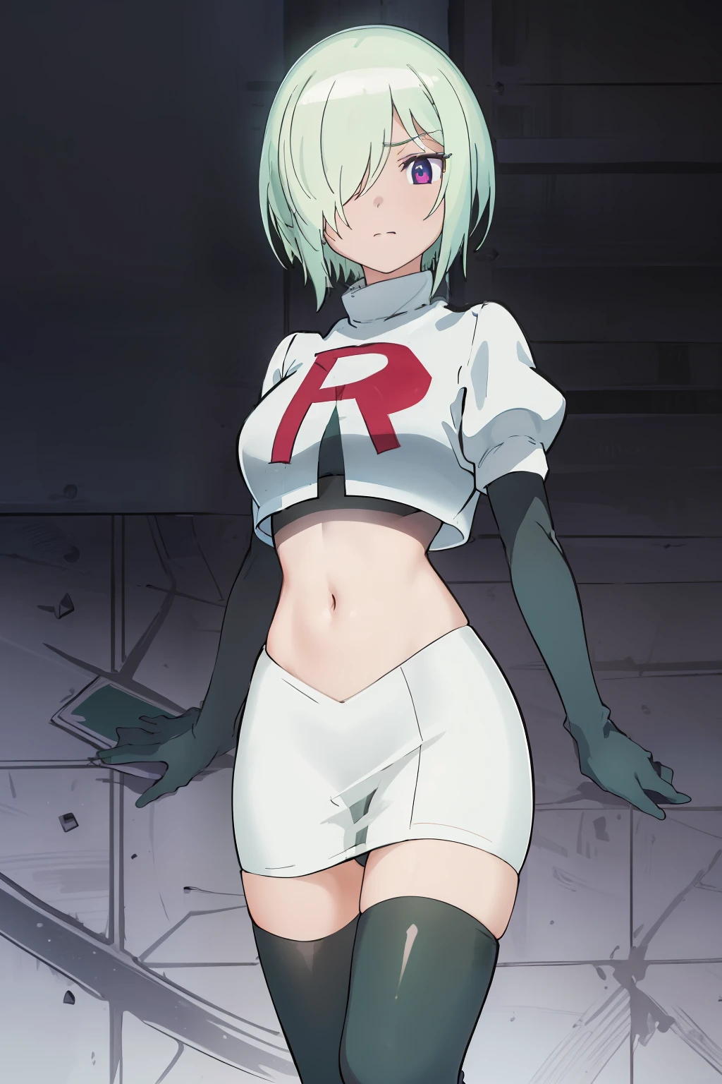 (extremely detailed CG unity 8k wallpaper), (masterpiece), (best quality), (ultra-detailed), (best illustration), (best shadow), (absurdres), druj, 1girl, green hair, hair over one eye, team rocket,team rocket uniform,white skirt,red letter R,crop top,black thigh-highs,black elbow gloves