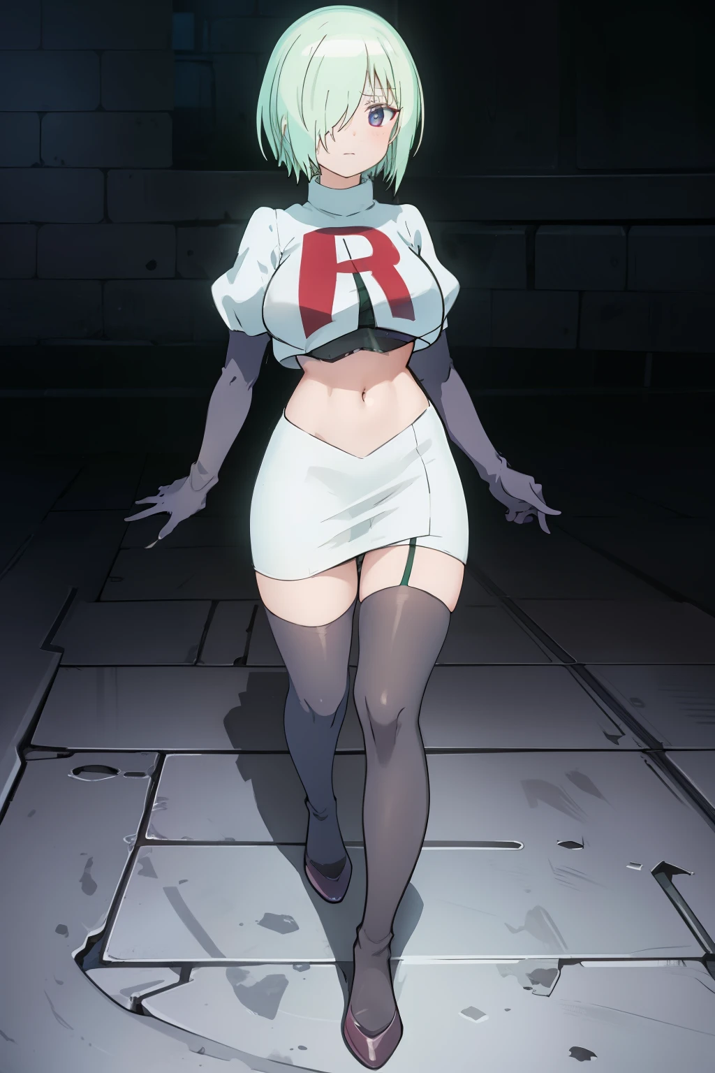 (extremely detailed CG unity 8k wallpaper), (masterpiece), (best quality), (ultra-detailed), (best illustration), (best shadow), (absurdres), druj, 1girl, green hair, hair over one eye, team rocket,team rocket uniform,white skirt,red letter R,crop top,black thigh-highs,black elbow gloves