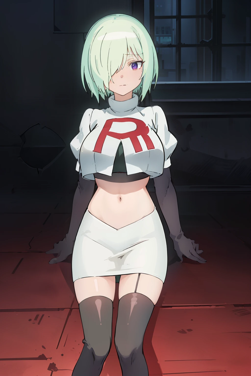 (extremely detailed CG unity 8k wallpaper), (masterpiece), (best quality), (ultra-detailed), (best illustration), (best shadow), (absurdres), druj, 1girl, green hair, hair over one eye, team rocket,team rocket uniform,white skirt,red letter R,crop top,black thigh-highs,black elbow gloves