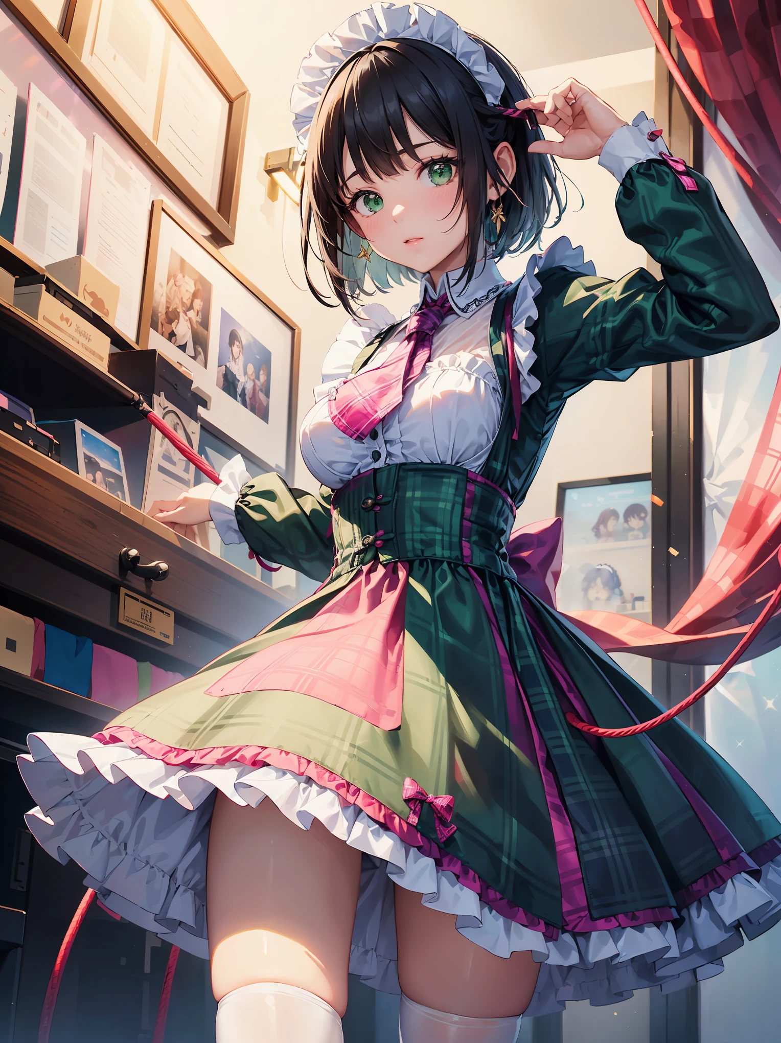 Legendary masterpieces、absolute resolution、Super detailed and realistic stick、one girl、cute girl、white brim、可愛いpink色の大きなリボン、(pink&Dark green plaid Victorian maid dress made of taffeta fabric, mainly shantung fabric and organdy fabric with beading processing.、:1.5)、With raschel stretch lace or tulle at the hem of the dress、(Gold buttons on the front:1.2)、(frills、red tie、White jacquard blouse:1.4)、(Peach cardigan with loop yarn and glitter、cable knit patterns:1.3)、(Shiny black tights denier20:1.1)、One length bob cut braid black hair、Fine silky smooth hair、super detailed soft costume,