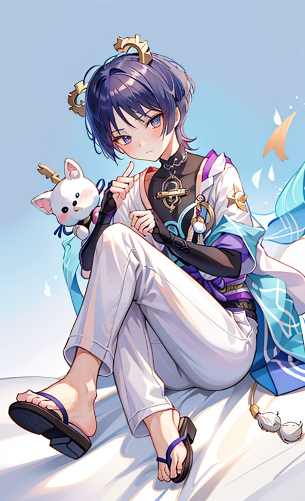 Genshin Wanderer，sitting on a white bed，Wearing cute animal pajamas，Holding a big animal stuffed animal，blush shy，legs together，Pants protrude between legs