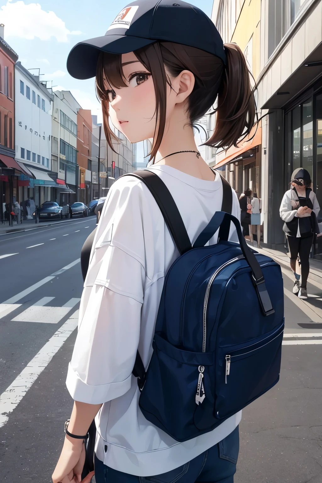 (highest quality、High resolution、8K、masterpiece:1.2、colorful)。Under a clear blue sky、A beautiful girl wearing a cap is walking in a busy downtown area where people come and go.。Looking for a photo spot in a sporty fashion with a smartphone in hand。(beautiful girl appearance:short hair、brown hair、ponytail、Photographing a building with a smartphone、)