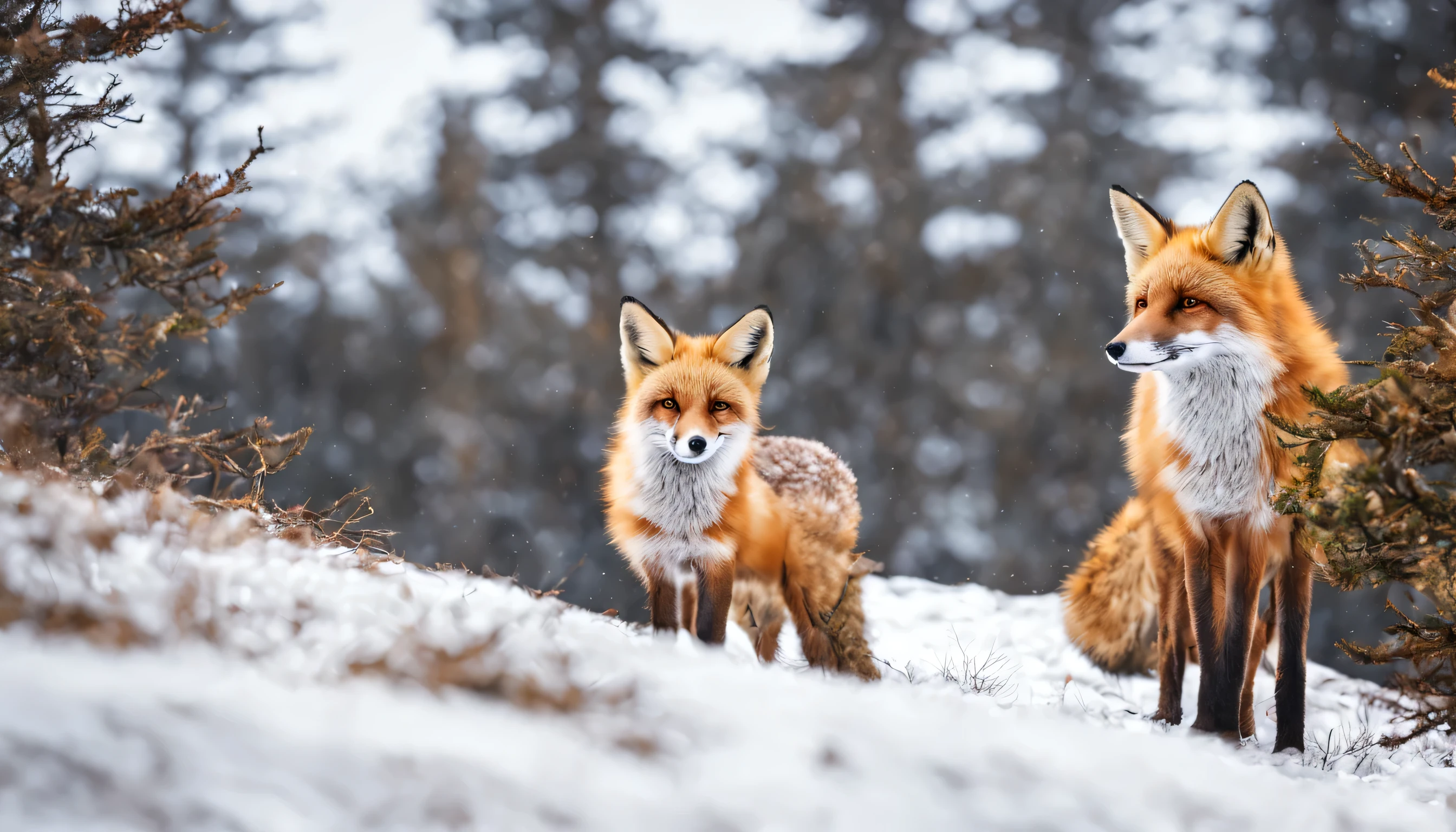 snow mountain、tall tree々々、Northern fox、A fox looking at the viewer、fluffy fox、fox footprints、Immaculate world、highest quality、ultra high resolution、masterpiece、background blur,Fade out beautifully