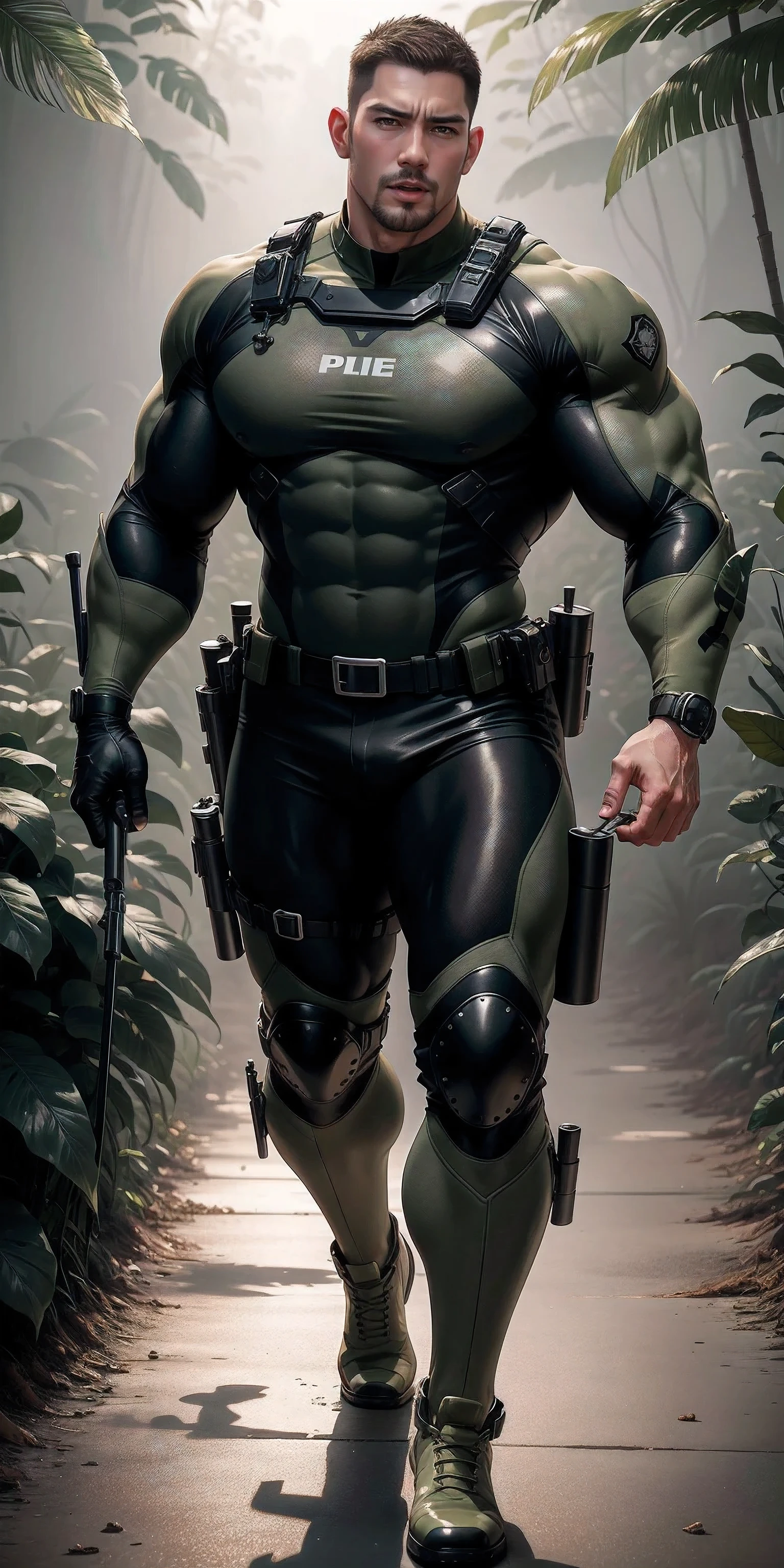 High, huge, muscular police officer with his mouth open and screaming..,Light khaki camouflage uniform,character idea(Resident Evil - chris redfield,chris redfield)senior police officer,Wearing a light khaki camouflage diving suit,Matte texture,regular symmetrical texture pattern,Standing in the dark sugar cane jungle, The body is wrapped in thick rattan,sad expression,Deep and charming eyes,Emerald Pupil Hero,heroic male pose,高大burly,muscular!Charming leg muscles,High, burly, Heqiang, Wearing a khaki camouflage wetsuit, Super gain and cool, high resolution committee, Big feet in black boots,Charming strong man,The bright sunshine is shining on you,matte particles,shiny texture