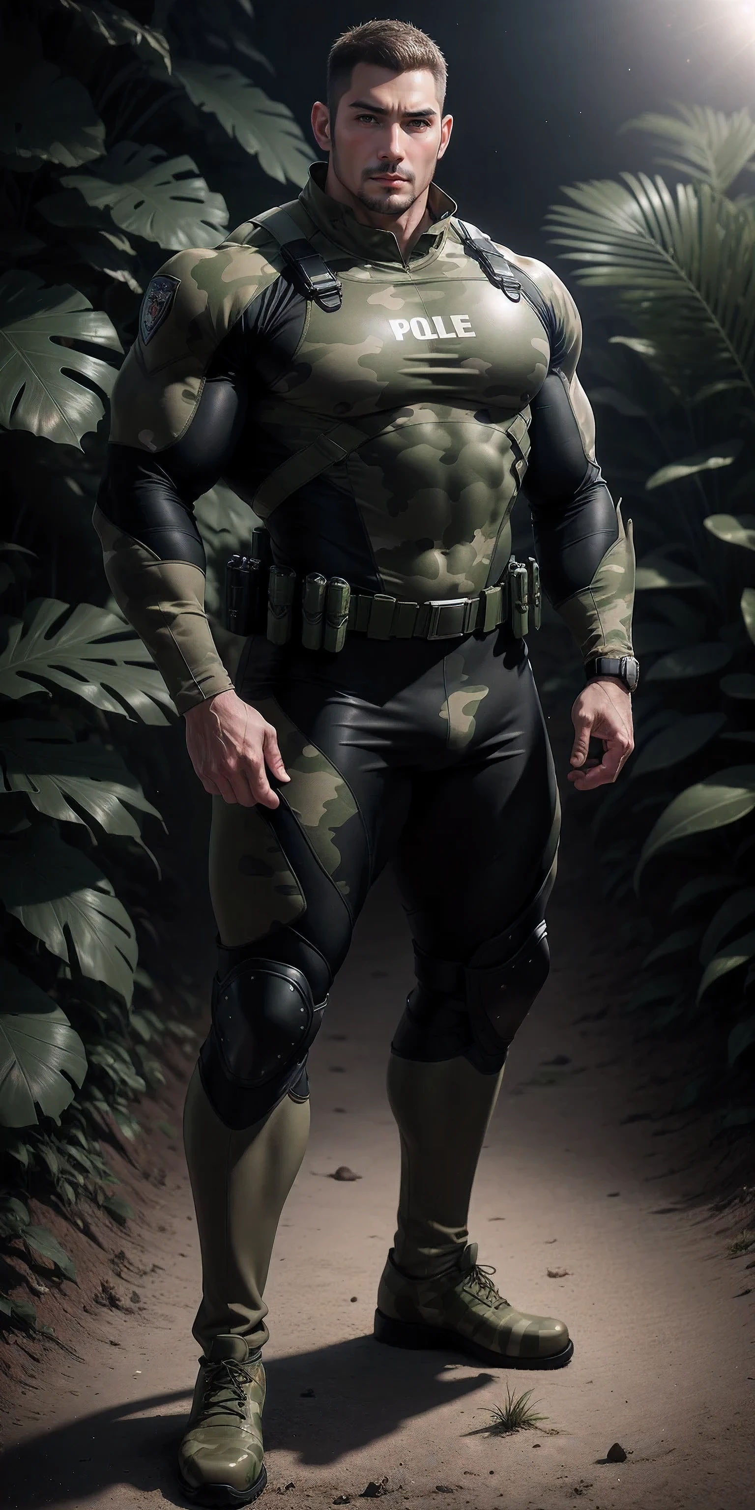 Very tall giant muscular police officer.,Light khaki camouflage uniform,character idea(Resident Evil - chris redfield,chris redfield)senior police officer,Wearing a light khaki camouflage diving suit,Matte texture,regular symmetrical texture pattern,Standing in the dark sugar cane jungle, The body is wrapped in thick rattan,sad expression,Deep and charming eyes,Emerald Pupil Hero,heroic male pose,高大burly,muscular!Charming leg muscles,High, burly, Heqiang, Wearing a khaki camouflage wetsuit, Super gain and cool, high resolution committee, Big feet in black boots,Charming strong man,The bright sunshine is shining on you,matte particles,shiny texture