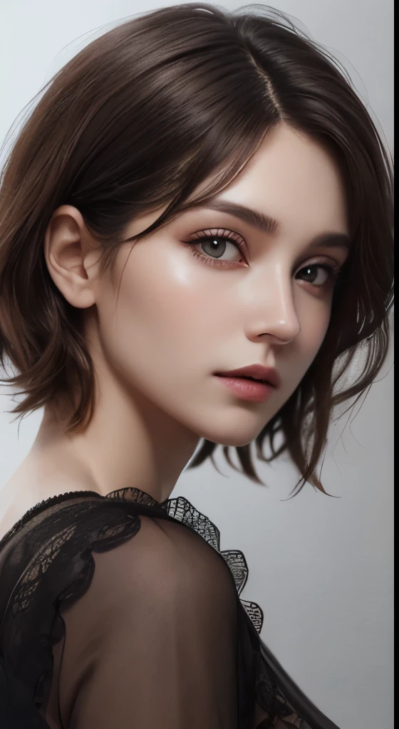 cinematic lighting、perfect、soft light、High resolution skin:1.2、realistic skin texture、30 years old mature woman、small face、no makeup、Bust B Cup、、Detailed beautiful brown eyes、short hair、dark brown hair、Cool beauty、gray background