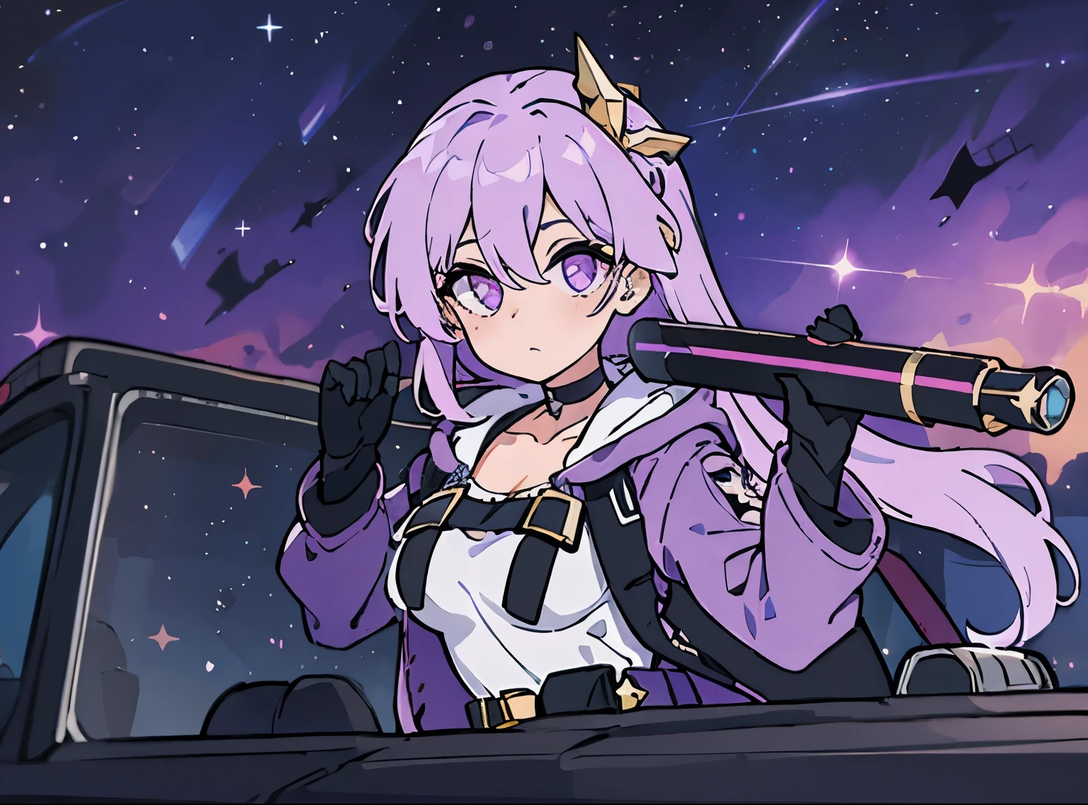 4k, fine detail, masterpiece, high quality eyes, high detail painting, soft shadows, best character art , 1girl, aurora, bangs, black choker, breasts, choker, eyewear on head, galaxy, gloves, hair between eyes, jacket, jewelry, large breasts, light particles, long hair, long sleeves, looking at viewer, milky way, night, night sky, pink eyes, purple eyes, purple hair, shooting star, sidelocks, sky, solo, space, star \(sky\), starry background, starry sky, sunglasses, upper body