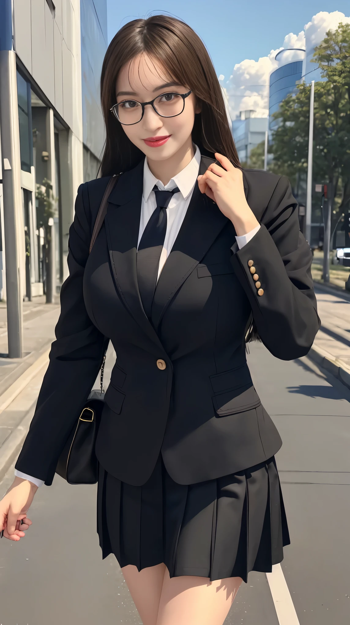 masterpiece, best quality, ultra-detailed, illustration,, (paisura:1.4), 1girl, glasses, big breasts, necktie, sexy skirt, bag, sexy school uniform, black hair, outdoors, road, between breasts, street, school bag, ground vehicle, danchi, japan,,  slender body 