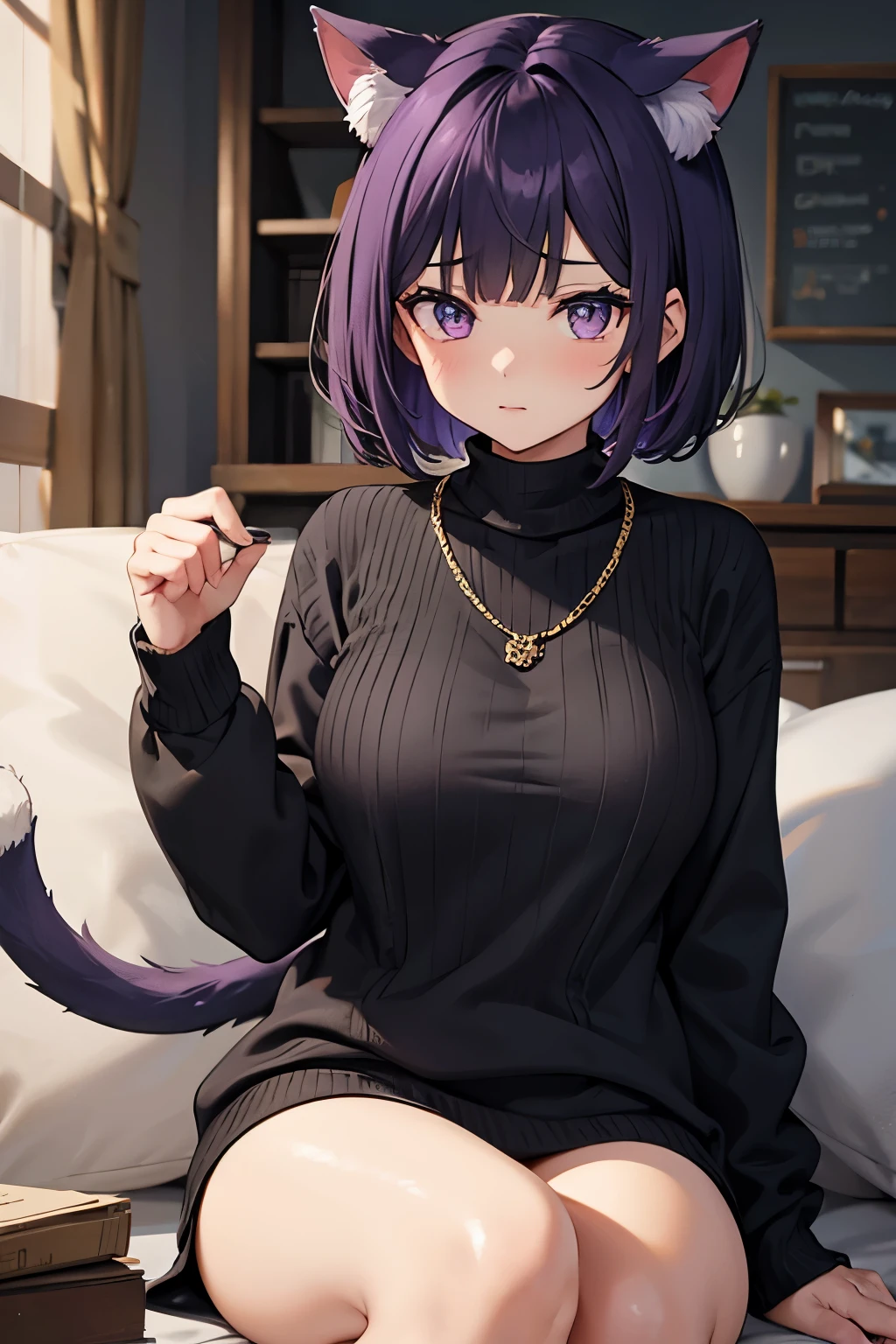 1 girl, short hair, black hair with purple highlights, violet eyes, black sweater, red cheeks, cat ears, cat tail