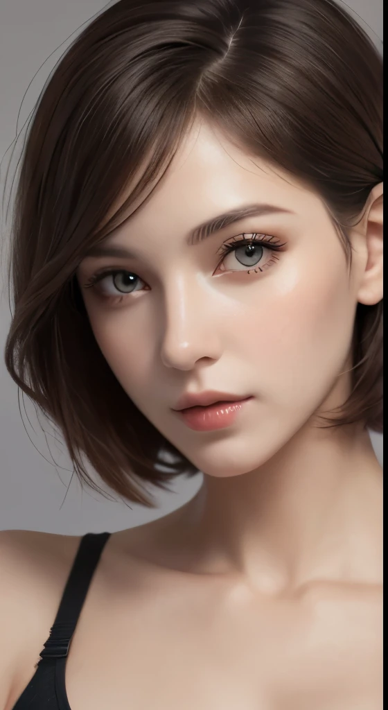 cinematic lighting、perfect、soft light、High resolution skin:1.2、realistic skin texture、30 years old mature woman、small face、no makeup、Bust B Cup、、Detailed beautiful brown eyes、short hair、dark brown hair、Cool beauty、gray background