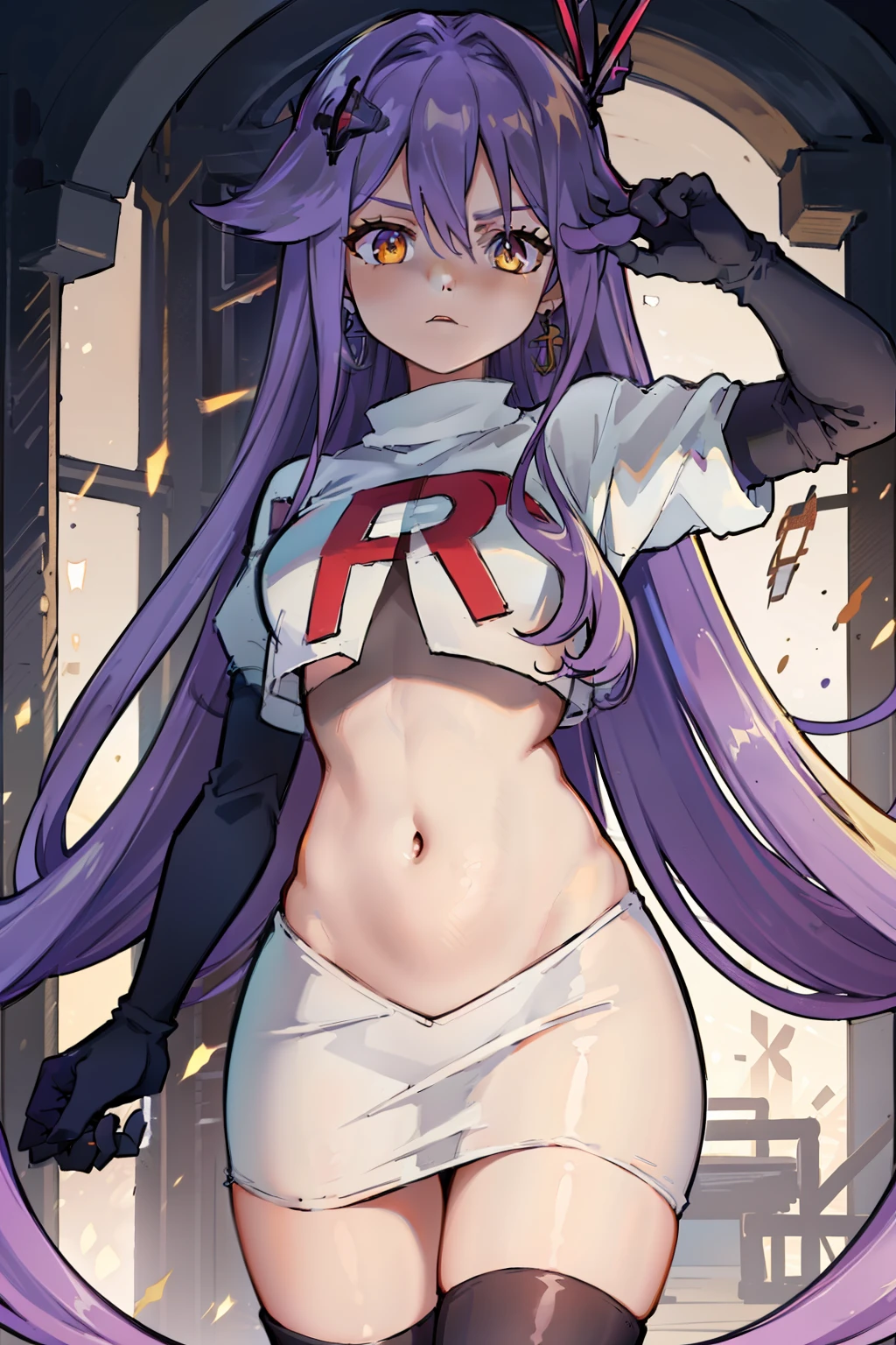 masterpiece, best quality, best 8k wallpaper, 
1 girl, cowboy shot, long hair, purple hair, bangs, yellow eyes, earrings, hair between eyes, hair ornament,team rocket,team rocket uniform,white skirt,red letter R,crop top,black thigh-highs,black elbow gloves