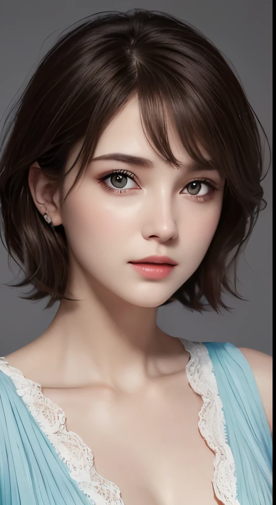 cinematic lighting、perfect、soft light、High resolution skin:1.2、realistic skin texture、30 years old mature woman、small face、no makeup、Bust B Cup、、Detailed beautiful brown eyes、short hair、dark brown hair、Cool beauty、gray background