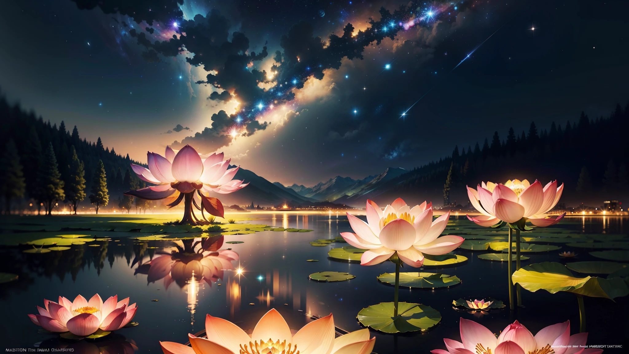 best quality, masterpiece, (realistic:1.2), lotus flower, glowing, in the night sky, full of stars, very detail, ultra-high resolution, ultra-high quality,