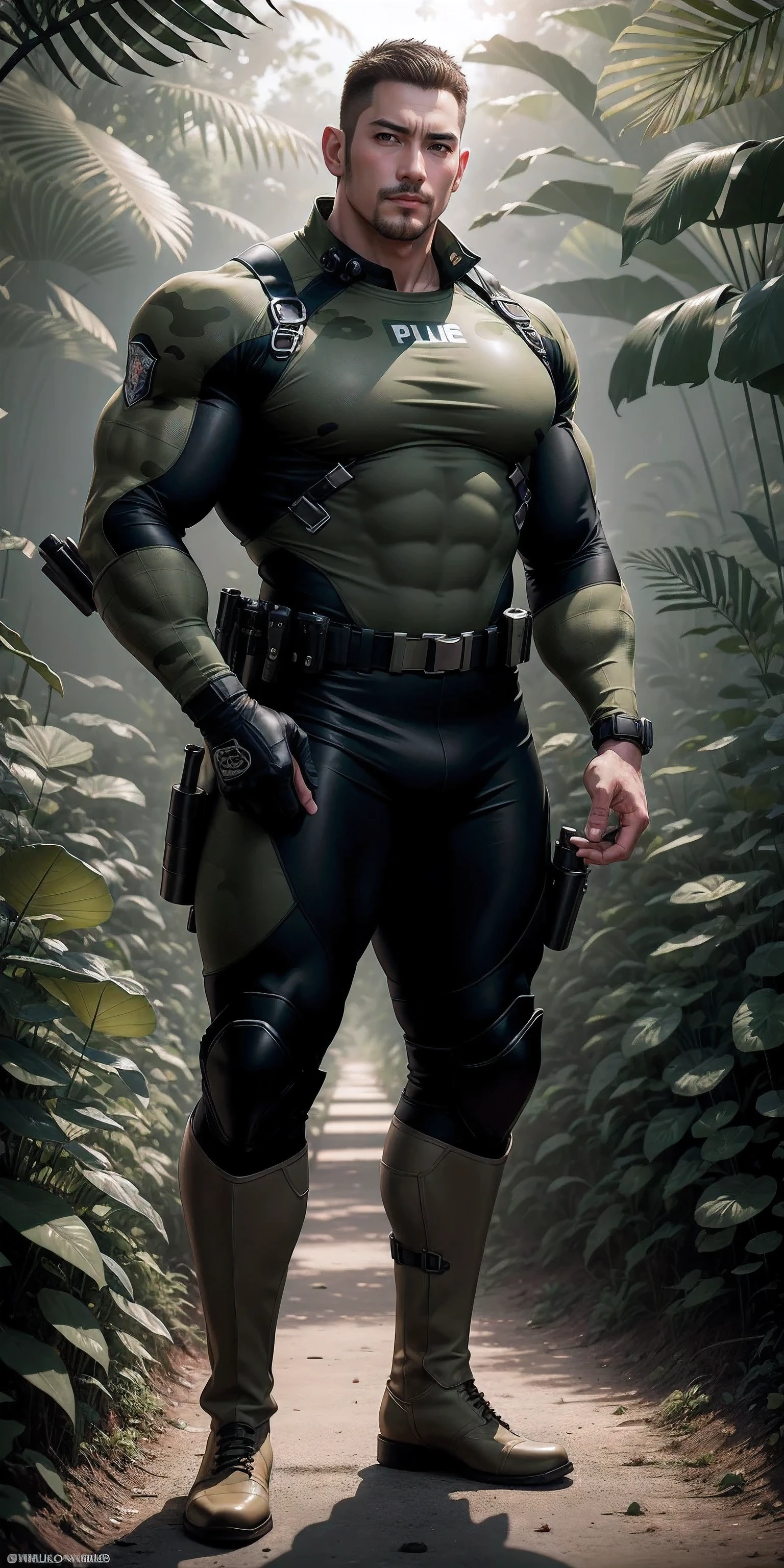 Very tall giant muscular police officer.,Light khaki camouflage uniform,character idea(Resident Evil - chris redfield,chris redfield)senior police officer,Wearing a light khaki camouflage diving suit,Matte texture,regular symmetrical texture pattern,Standing in the dark sugar cane jungle, The body is wrapped in thick rattan,sad expression,Deep and charming eyes,Emerald Pupil Hero,heroic male pose,高大burly,muscular!Charming leg muscles,High, burly, Heqiang, Wearing a khaki camouflage wetsuit, Super gain and cool, high resolution committee, Big feet in black boots,Charming strong man,The bright sunshine is shining on you,matte particles,shiny texture
