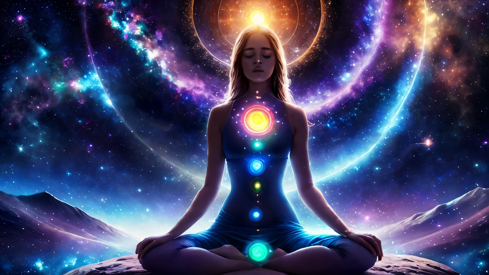 Mystical woman in the middle of the universe deep meditation, Etéric atmosphere, Aurico com desenho dos chakras , indie music yoga