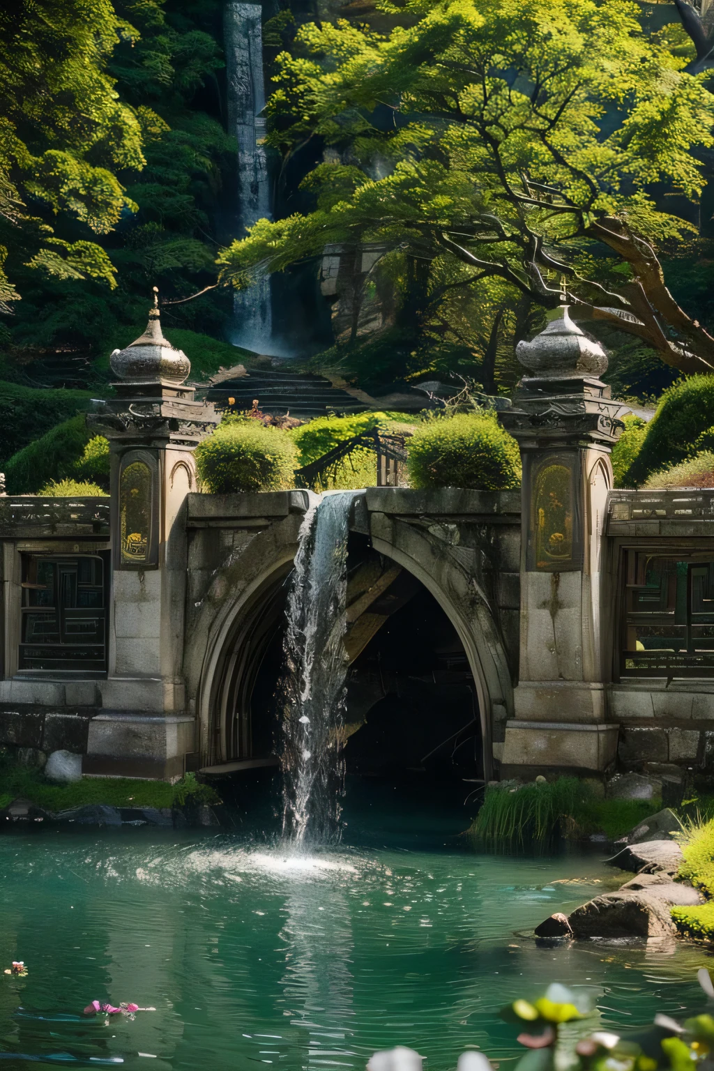Ancient Chinese archwayitecture, moon, midnight, garden, bamboo, lake, stone bridge, rockery, archway, Corners, wood, water flowing, landscape, outdoor, waterfall, Grass, rock, water lily, hot spring, water vapor, (shape: 1.0), great composition, realistic lighting, HD details, masterpiece, highest quality, (High-definition CG Unity 8K) - 6 o&#39;clock&#39;clock, beautiful brunette woman 1、(high detail skin:1.2)、white skin、highly detailed face、beautiful eyes、toned body、cinematic lighting、 short hair, (look at the audience:1.5), (detailed pupil), (natural soft light), (Charm), Bokeh, beautiful face, super dense skin, Perfect glowing eyes, skin pores, soft hair, Stitching of the fabric, Fabric texture, portrait､(female armor)