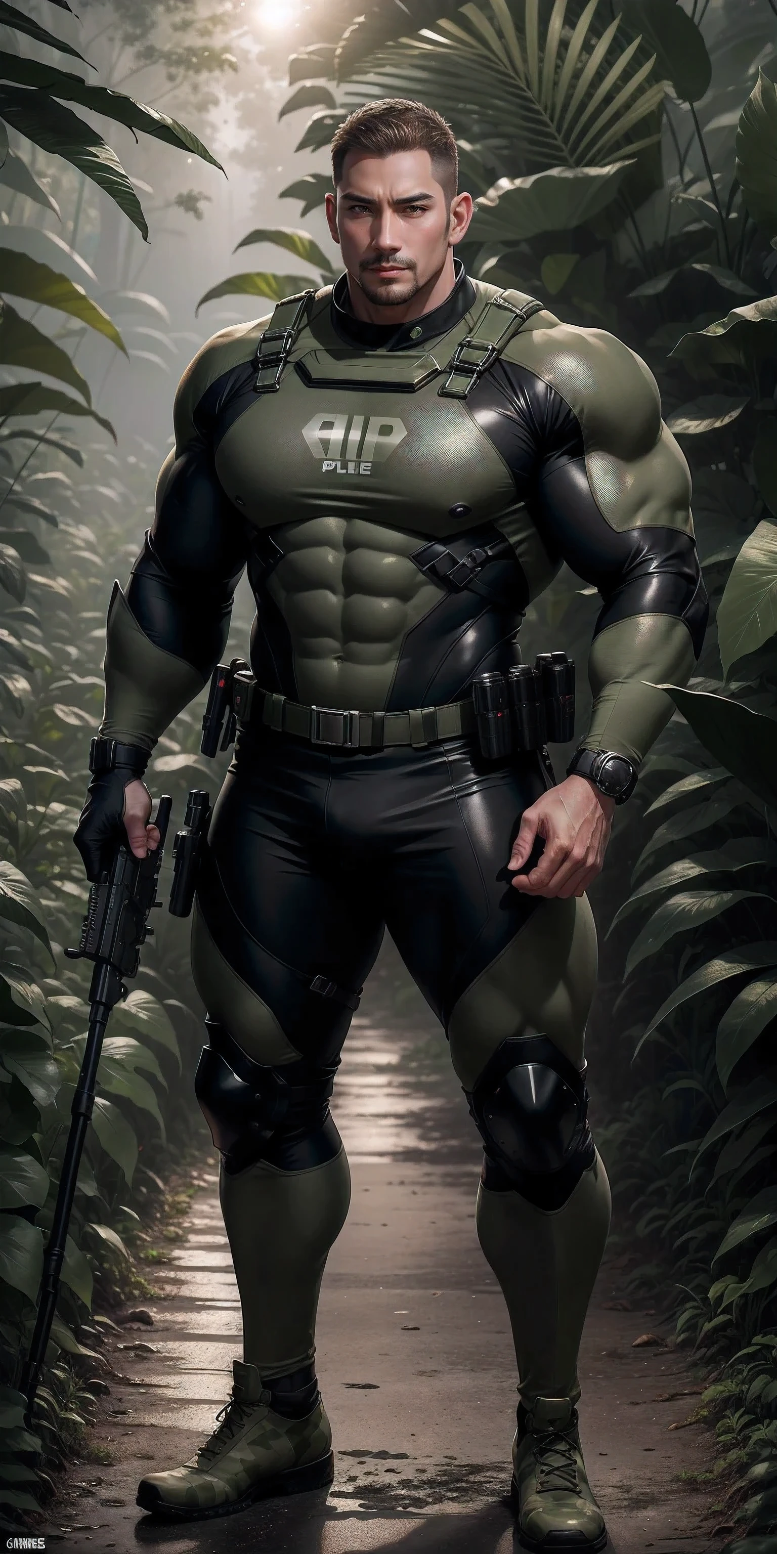 Very tall giant muscular police officer.，Light khaki camouflage uniform，character idea（Resident Evil - chris redfield，chris redfield）senior police officer，Wearing a light khaki camouflage diving suit，Matte texture，regular symmetrical texture pattern，Standing in the dark sugar cane jungle, The body is wrapped in thick rattan，sad expression，Deep and charming eyes，Emerald Pupil Hero，heroic male pose，高大burly，muscular！Charming leg muscles，High, burly, Heqiang， Wearing a khaki camouflage wetsuit， Super gain and cool， high resolution committee， Big feet in black boots，Charming strong man，The bright sunshine is shining on you，matte particles，shiny texture