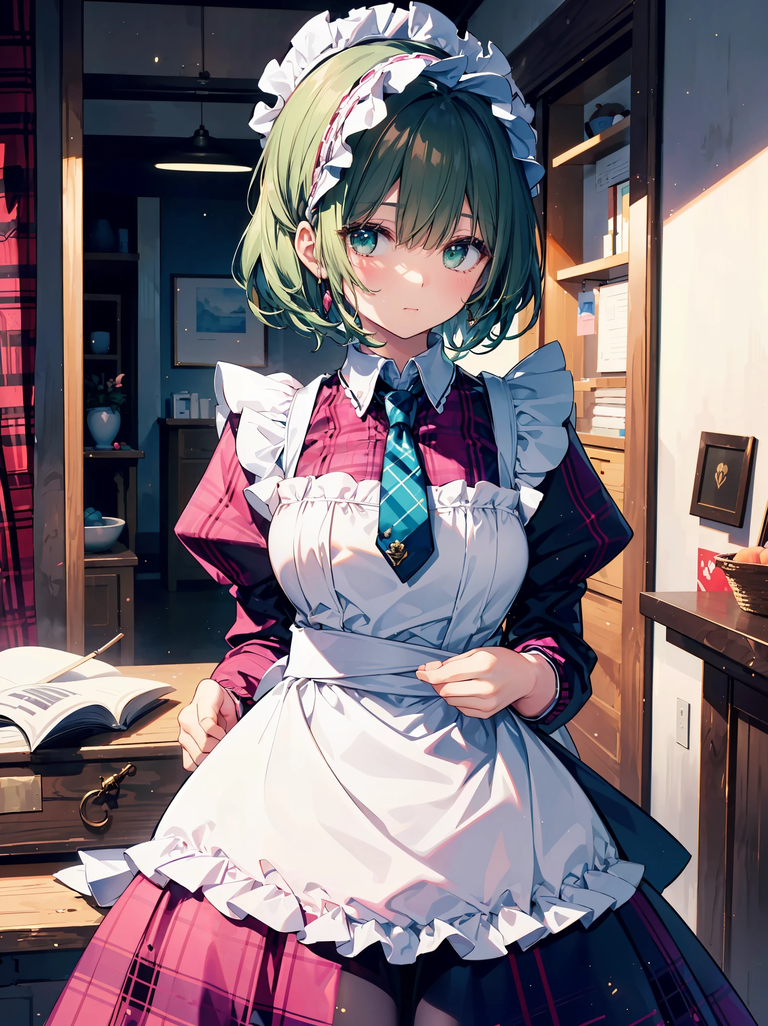 Legendary masterpieces、absolute resolution、Super detailed and realistic stick、one girl、cute girl、white brim、可愛いpink色の大きなリボン、(pink&Dark green plaid Victorian maid dress made of taffeta fabric, mainly shantung fabric and organdy fabric with beading processing.、:1.5)、With raschel stretch lace or tulle at the hem of the dress、(Gold buttons on the front:1.2)、(frills、red tie、White jacquard blouse:1.4)、(Peach cardigan with loop yarn and glitter、cable knit patterns:1.3)、(Shiny black tights denier20:1.1)、One length bob cut braid black hair、Fine silky smooth hair、super detailed soft costume,