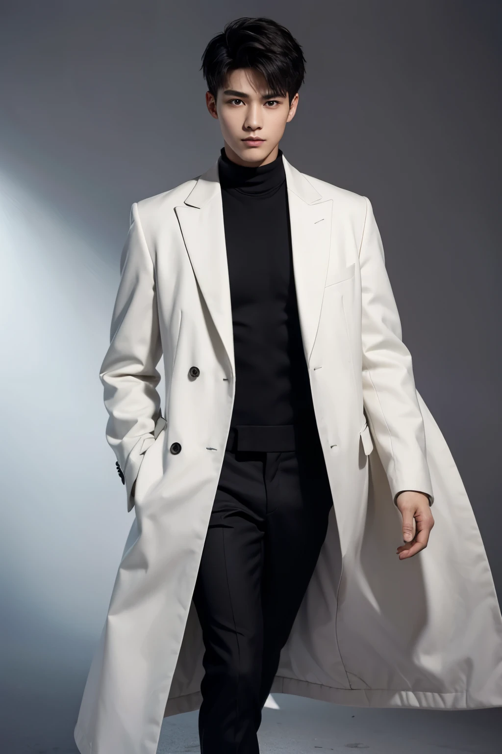 high resolution、high details、High precision、High resolution、accurate body、accurate arms、precise fingers、Precise feet、Male, 21 years old、black short hair、toned body、suit figure、wearing a white coat、