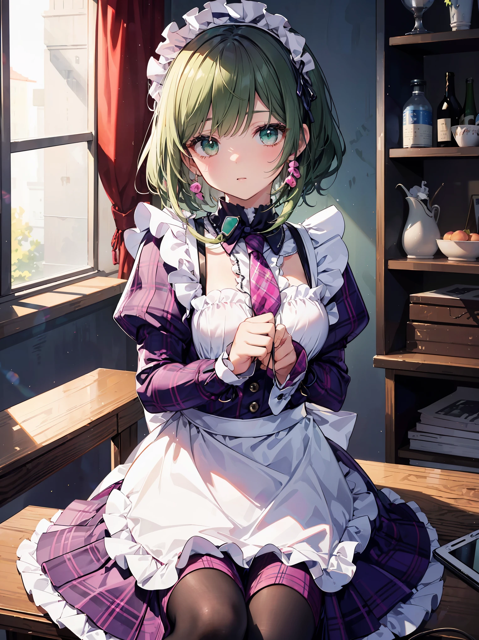 Legendary masterpieces、absolute resolution、Super detailed and realistic stick、one girl、cute girl、white brim、可愛いpink色の大きなリボン、(pink&Dark green plaid Victorian maid dress made of taffeta fabric, mainly shantung fabric and organdy fabric with beading processing.、:1.5)、With raschel stretch lace or tulle at the hem of the dress、(Gold buttons on the front:1.2)、(frills、red tie、White jacquard blouse:1.4)、(Peach cardigan with loop yarn and glitter、cable knit patterns:1.3)、(Shiny black tights denier20:1.1)、One length bob cut braid black hair、Fine silky smooth hair、super detailed soft costume,