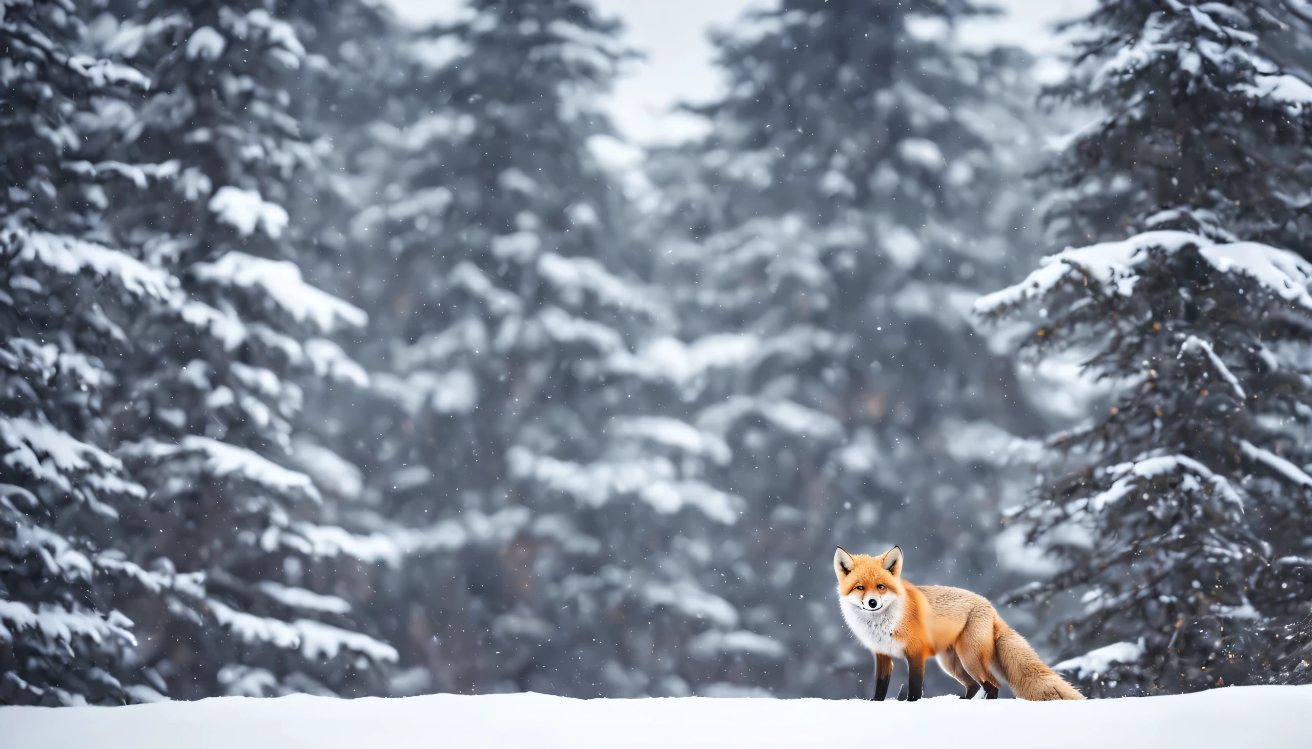 snow mountain、tall tree々々、Northern fox、A fox looking at the viewer、fluffy fox、fox footprints、Immaculate world、highest quality、ultra high resolution、masterpiece、background blur,Fade out beautifully