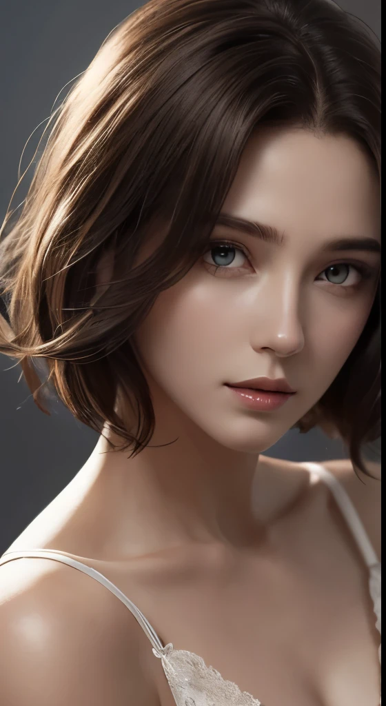 cinematic lighting、perfect、soft light、High resolution skin:1.2、realistic skin texture、30 years old mature woman、small face、no makeup、Bust B Cup、、Detailed beautiful brown eyes、short hair、dark brown hair、Cool beauty、gray background