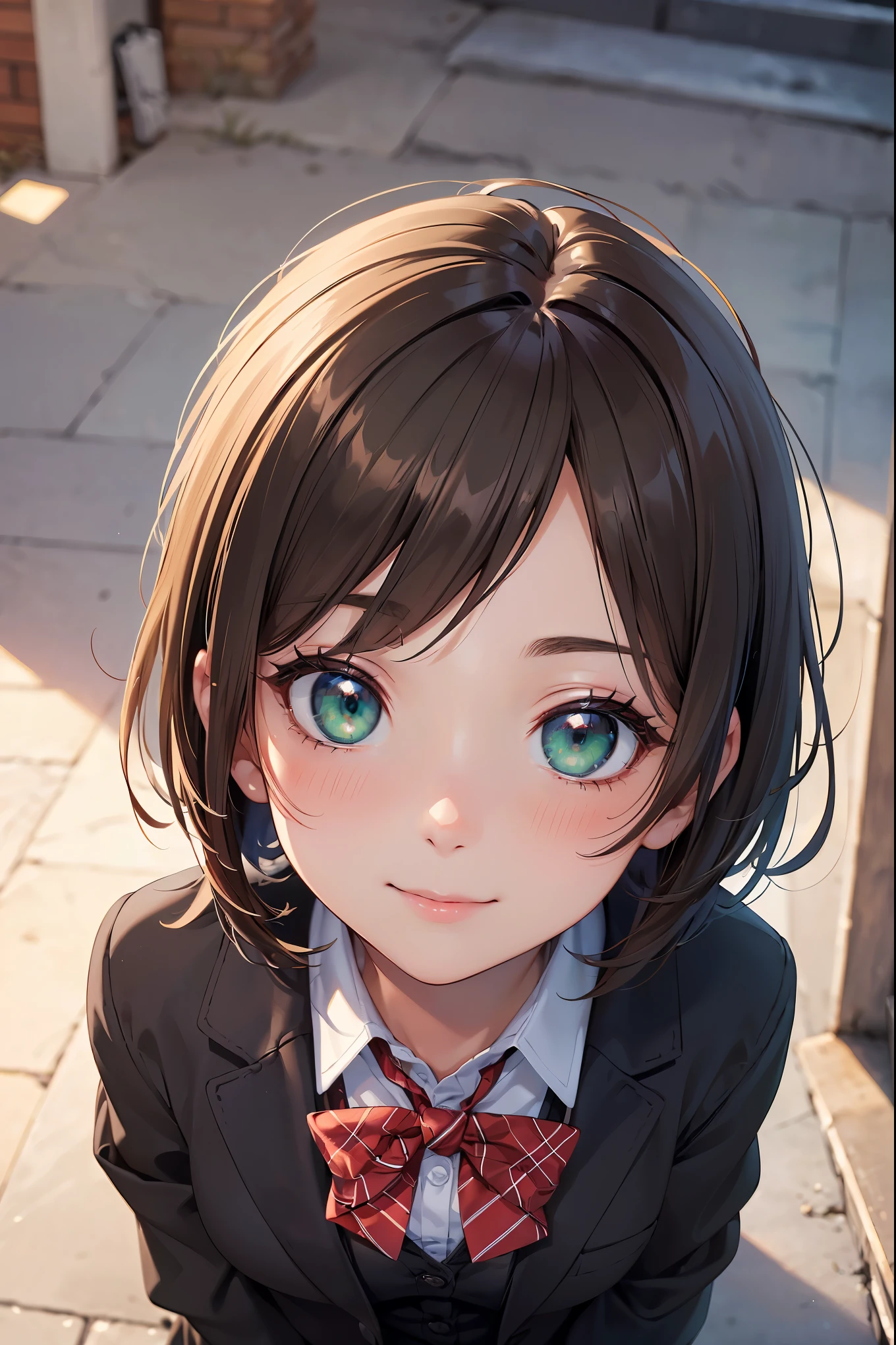 ((masterpiece, best quality, highres, UHD, perfect pixel, depth of field, 4k, RTX, HDR))), 1girl, single, solo, beautiful anime girl, beautiful artstyle, anime character, ((long hair, bangs, brown hair, curly hair:0.5)), ((green eyes:1.4, rounded eyes, beautiful eyelashes, realistic eyes)), ((detailed face, blushing:1.2)), ((smooth texture:0.75, realistic texture:0.65, photorealistic:1.1, anime CG style)), medium breasts, dynamic angle, perfect body, ((portrait, pov)), ((red bowtie, school uniform, black jacket, open jacket, brown cardigan, white shirt, black skirt, plaid skirt)), smile, hands up, amusement park