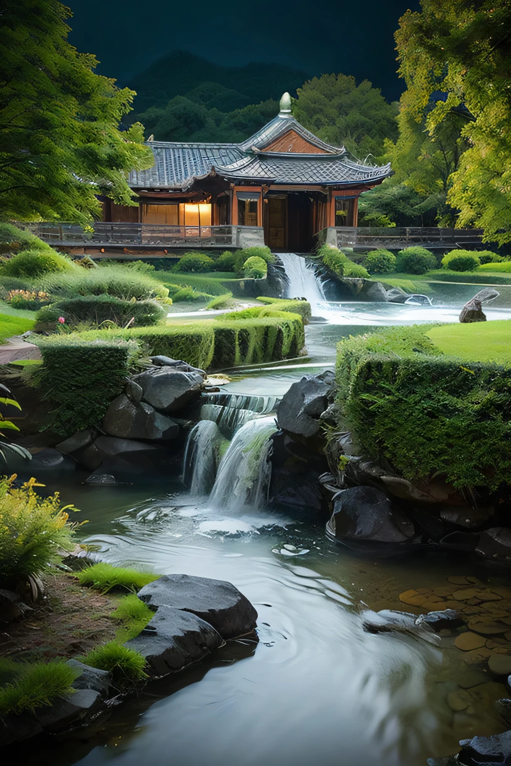 Ancient Chinese archwayitecture, moon, midnight, garden, bamboo, lake, stone bridge, rockery, archway, Corners, wood, water flowing, landscape, outdoor, waterfall, Grass, rock, water lily, hot spring, water vapor, (shape: 1.0), great composition, realistic lighting, HD details, masterpiece, highest quality, (High-definition CG Unity 8K) - 6 o'clock'clock, beautiful brunette woman 1、(high detail skin:1.2)、white skin、highly detailed face、beautiful eyes、toned body、cinematic lighting、 short hair, (look at the audience:1.5), (detailed pupil), (natural soft light), (Charm), Bokeh, beautiful face, super dense skin, Perfect glowing eyes, skin pores, soft hair, Stitching of the fabric, Fabric texture, portrait、pocket