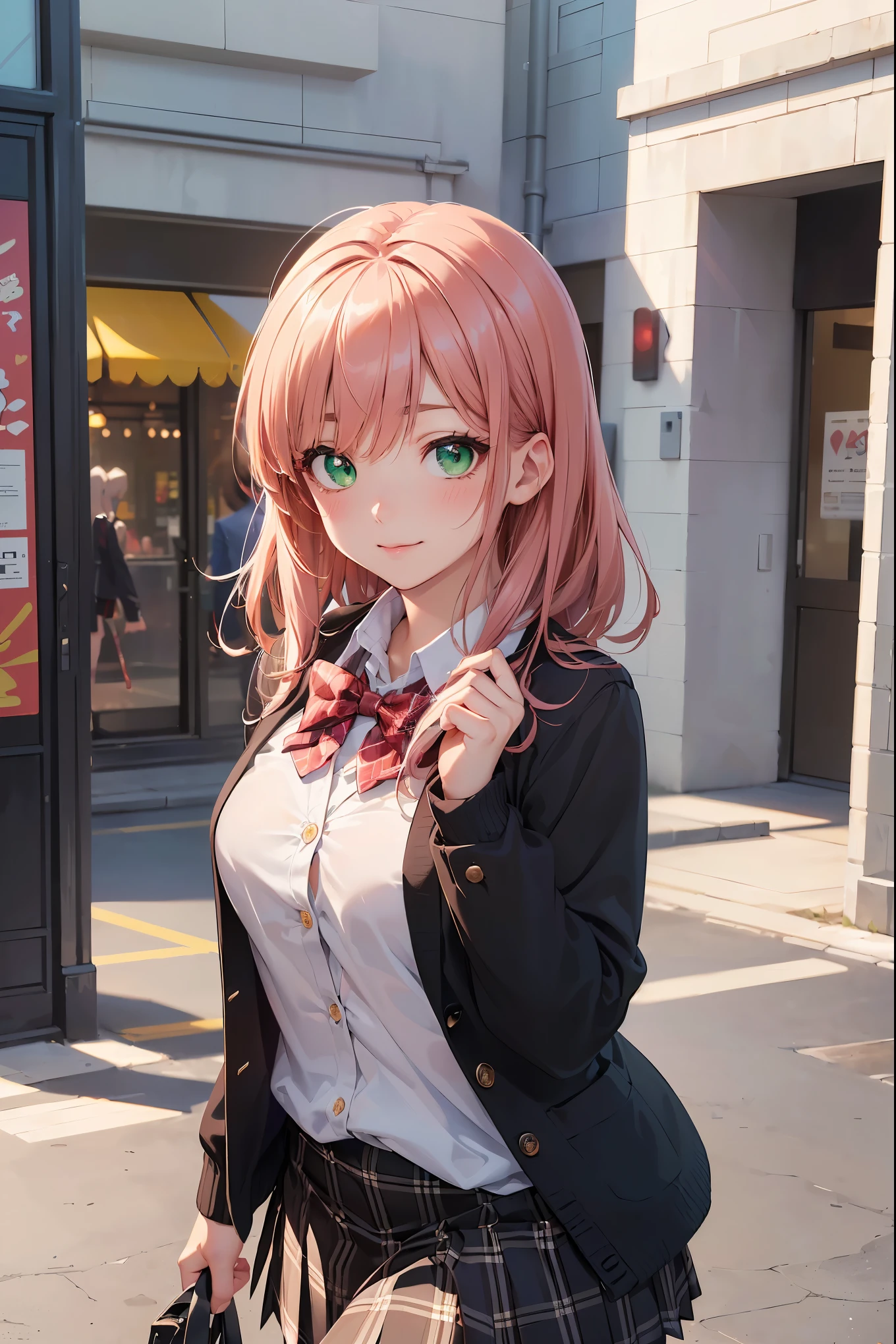 ((masterpiece, best quality, highres, UHD, perfect pixel, depth of field, 4k, RTX, HDR))), 1girl, single, solo, beautiful anime girl, beautiful artstyle, anime character, ((long hair, bangs, brown hair, curly hair:0.5)), ((green eyes:1.4, rounded eyes, beautiful eyelashes, realistic eyes)), ((detailed face, blushing:1.2)), ((smooth texture:0.75, realistic texture:0.65, photorealistic:1.1, anime CG style)), medium breasts, dynamic angle, perfect body, ((portrait, pov)), ((red bowtie, school uniform, black jacket, open jacket, brown cardigan, white shirt, black skirt, plaid skirt)), smile, hands up, amusement park