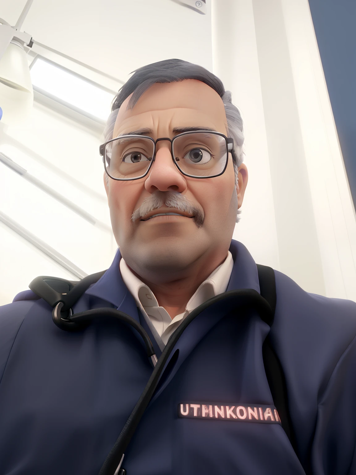 A wise man, doctor, dressed in a white coat and a stethoscope around his neck, usando gravata, Wearing black-framed prescription glasses, With his hands in his lab coat pocket.