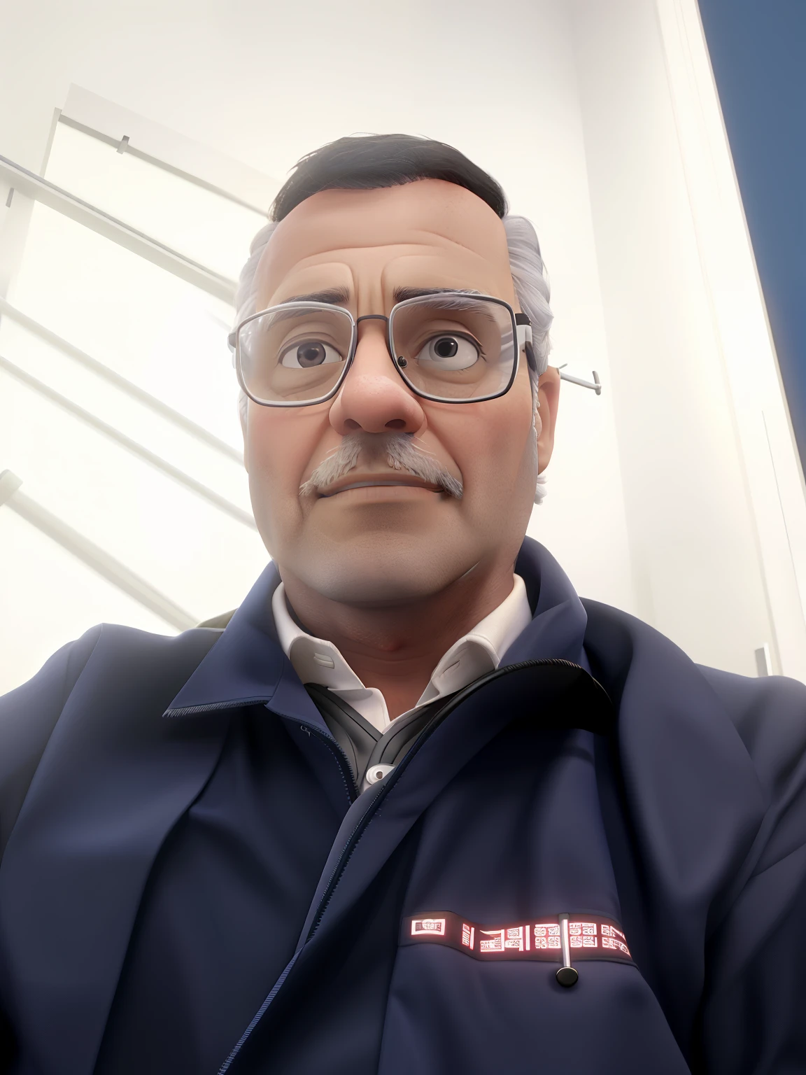 A wise man, doctor, dressed in a white coat and a stethoscope around his neck, usando gravata, Wearing black-framed prescription glasses, With his hands in his lab coat pocket.