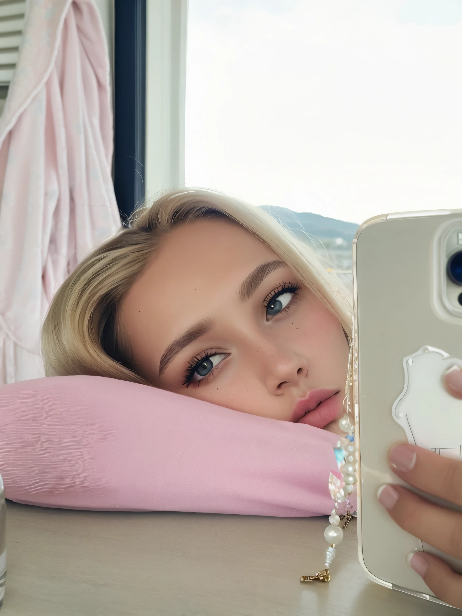 blond woman taking a autofoto with her phone while laying on a table, iphone autofoto, al estilo de petra collins, autofoto of a young woman, instagram autofoto, 8k autofoto photograph, autofoto, elfo eva, taking a autofoto, tiene los ojos cansados, autofoto photo, Cara de modelo de moda somnolienta, aesthetic shot, petra collins, cara como ester exposito, an aesthetic!