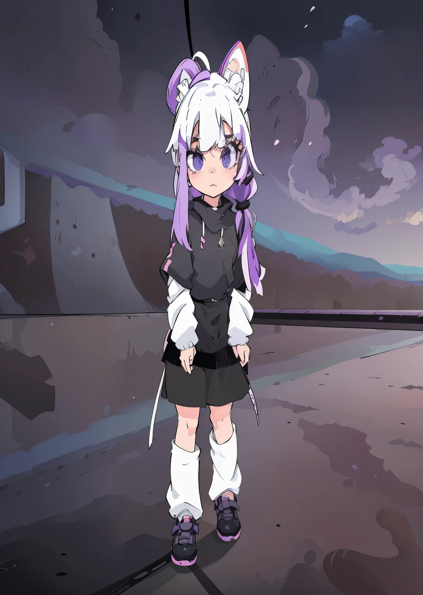 anime character with a purple hair and a black dress, anime style. 8k, vrchat, anime styled 3d, small curvy , twintails white_gloves, anime vtuber full body model, anime moe artstyle, wearing cybernetic bunny ears, anime stylized, stylized anime, render of a cute 3d anime girl