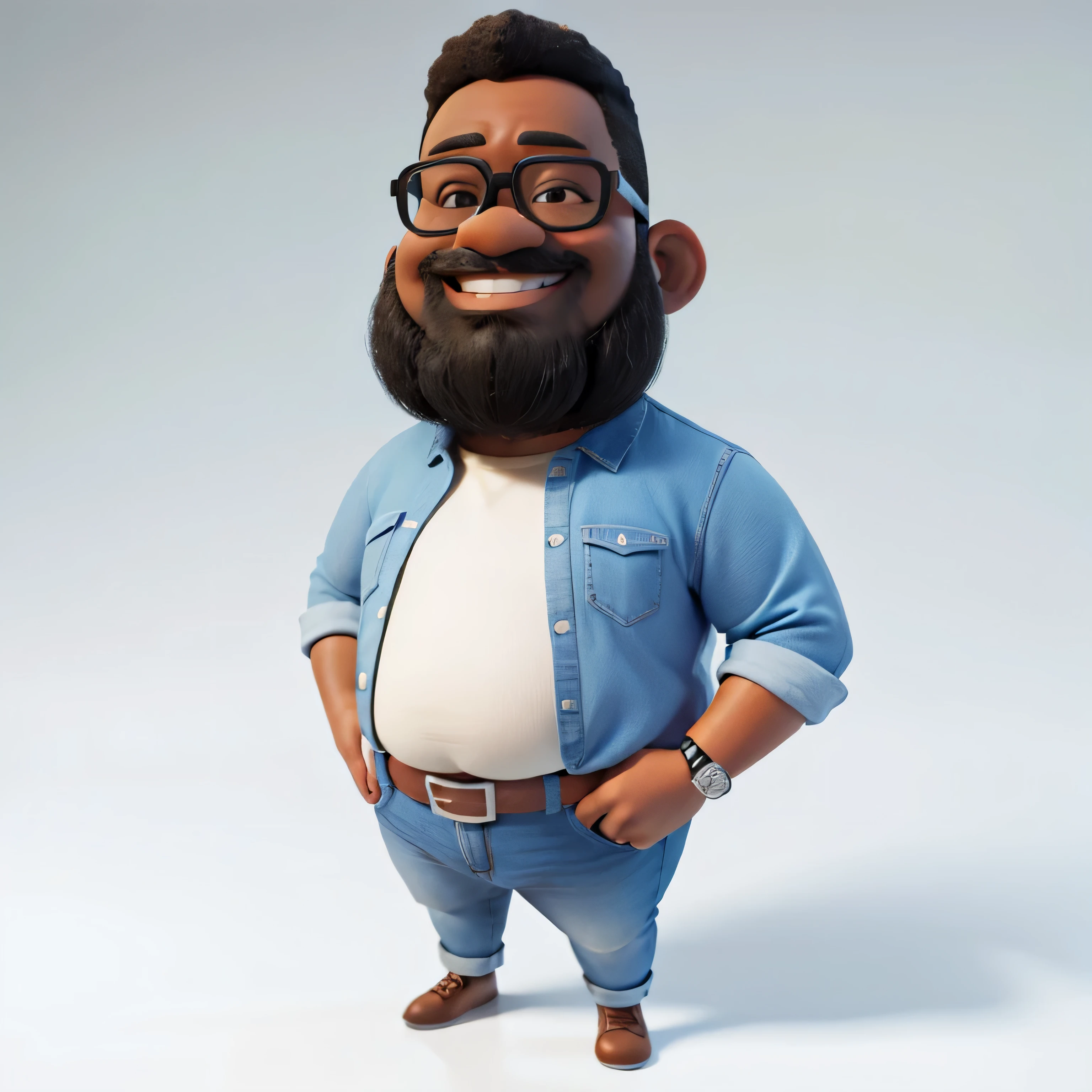 slightly fat man standing smiling, barba preta, negro claro, pele negra clara, average height, listening glasses, camisa azul, jeans, Fundo branco, 3D, 4K.