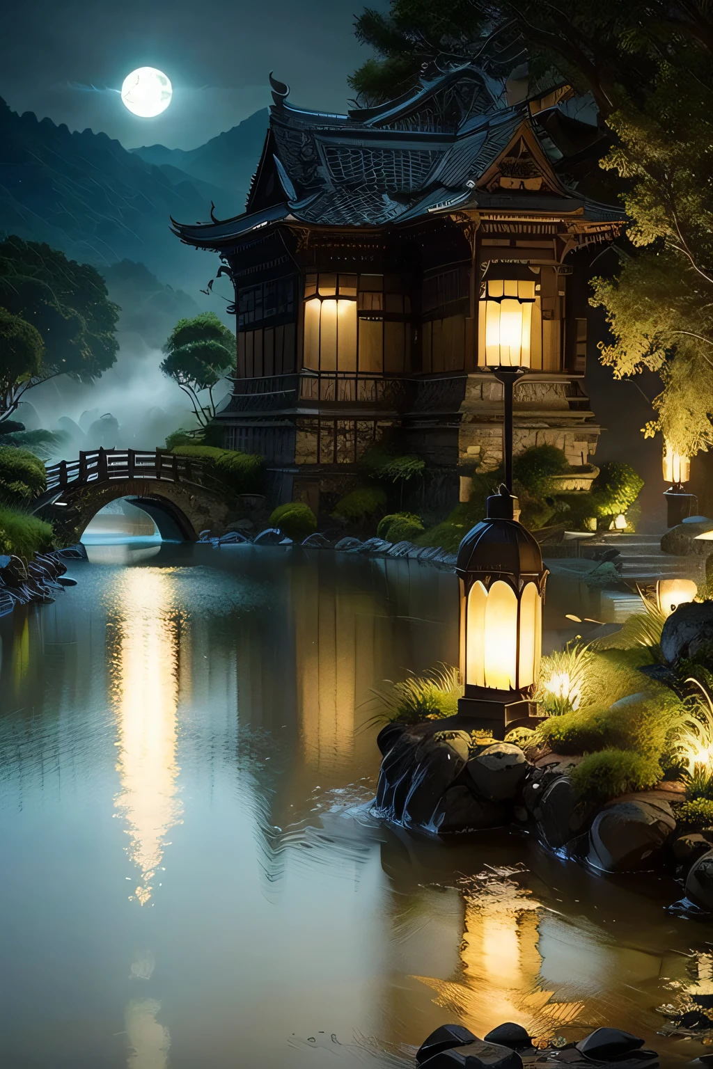 Ancient Chinese archwayitecture, moon, midnight, garden, bamboo, lake, stone bridge, rockery, archway, Corners, wood, water flowing, landscape, outdoor, waterfall, Grass, rock, water lily, hot spring, water vapor, (shape: 1.0), great composition, realistic lighting, HD details, masterpiece, highest quality, (High-definition CG Unity 8K) - 6 o'clock'clock, beautiful brunette woman 1、(high detail skin:1.2)、white skin、highly detailed face、beautiful eyes、toned body、cinematic lighting、 short hair, (look at the audience:1.5), (detailed pupil), (natural soft light), (Charm), Bokeh, beautiful face, super dense skin, Perfect glowing eyes, skin pores, soft hair, Stitching of the fabric, Fabric texture,