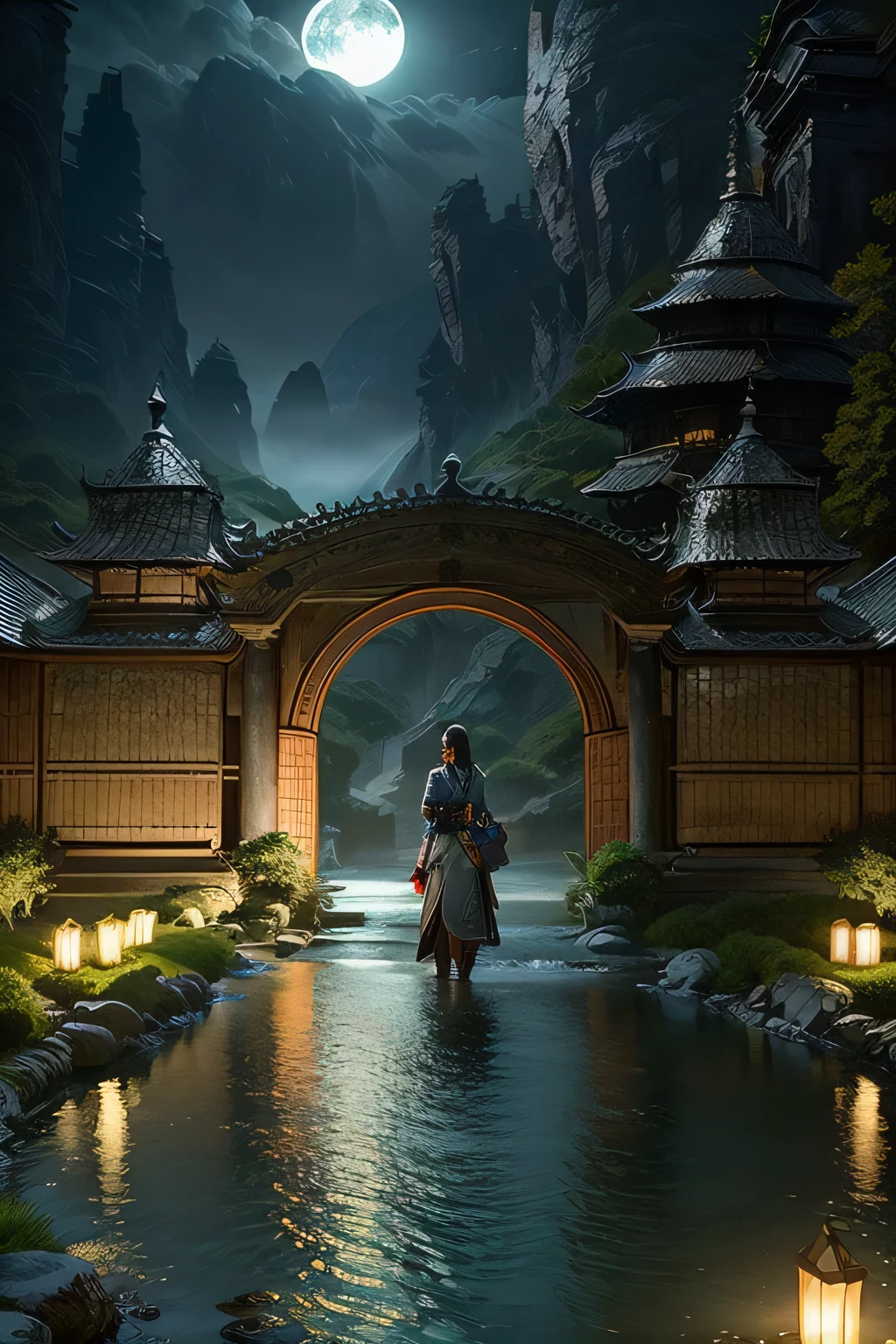 Ancient Chinese archwayitecture, moon, midnight, garden, bamboo, lake, stone bridge, rockery, archway, Corners, wood, water flowing, landscape, outdoor, waterfall, Grass, rock, water lily, hot spring, water vapor, (shape: 1.0), great composition, realistic lighting, HD details, masterpiece, highest quality, (High-definition CG Unity 8K) - 6 o'clock'clock, beautiful brunette woman 1、(high detail skin:1.2)、white skin、highly detailed face、beautiful eyes、toned body、cinematic lighting、 short hair, (look at the audience:1.5), (detailed pupil), (natural soft light), (Charm), Bokeh, beautiful face, super dense skin, Perfect glowing eyes, skin pores, soft hair, Stitching of the fabric, Fabric texture,