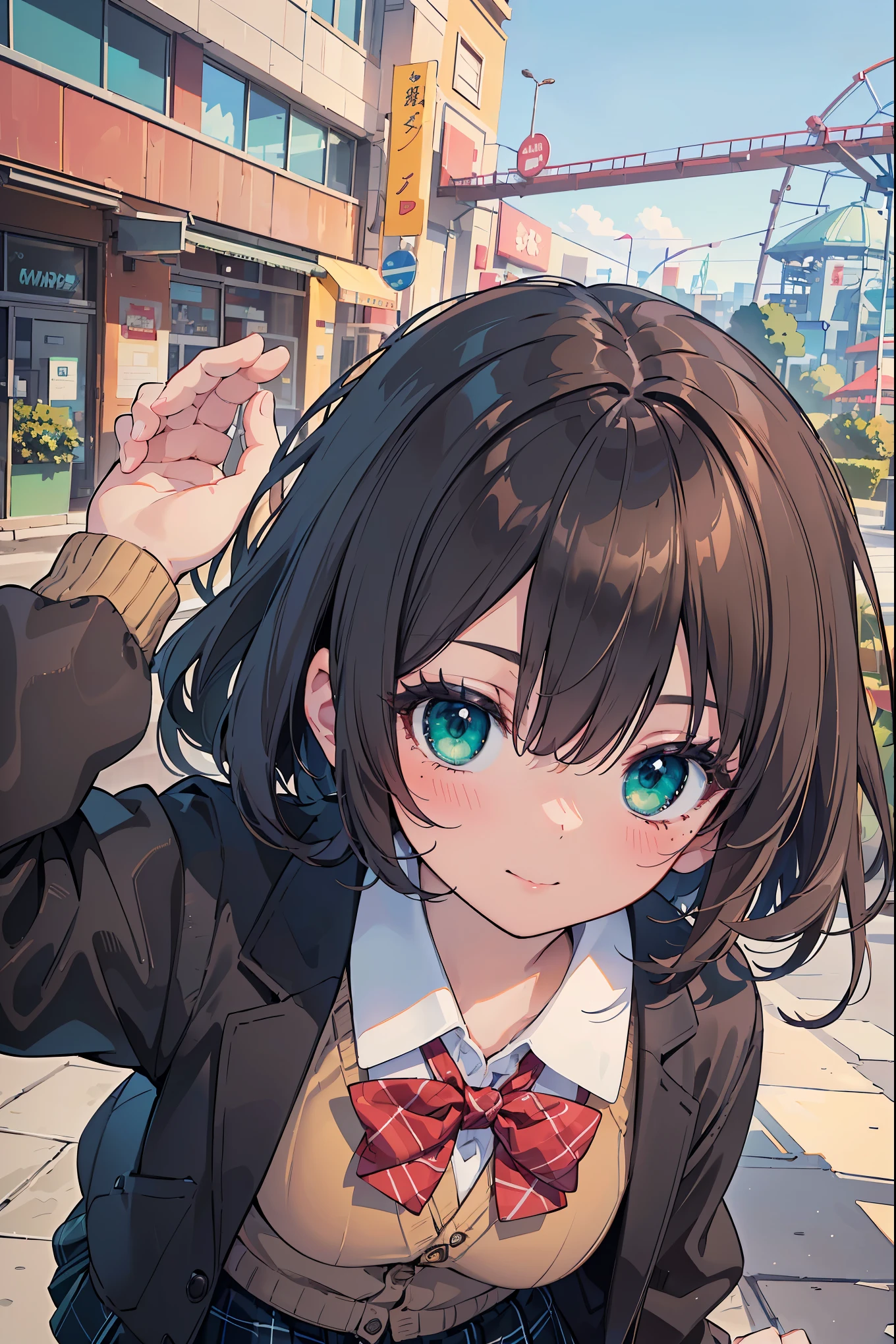 ((masterpiece, best quality, highres, UHD, perfect pixel, depth of field, 4k, RTX, HDR))), 1girl, single, solo, beautiful anime girl, beautiful artstyle, anime character, ((long hair, bangs, brown hair, curly hair:0.5)), ((green eyes:1.4, rounded eyes, beautiful eyelashes, realistic eyes)), ((detailed face, blushing:1.2)), ((smooth texture:0.75, realistic texture:0.65, photorealistic:1.1, anime CG style)), medium breasts, dynamic angle, perfect body, ((portrait, pov)), ((red bowtie, school uniform, black jacket, open jacket, brown cardigan, white shirt, black skirt, plaid skirt)), smile, hands up, amusement park