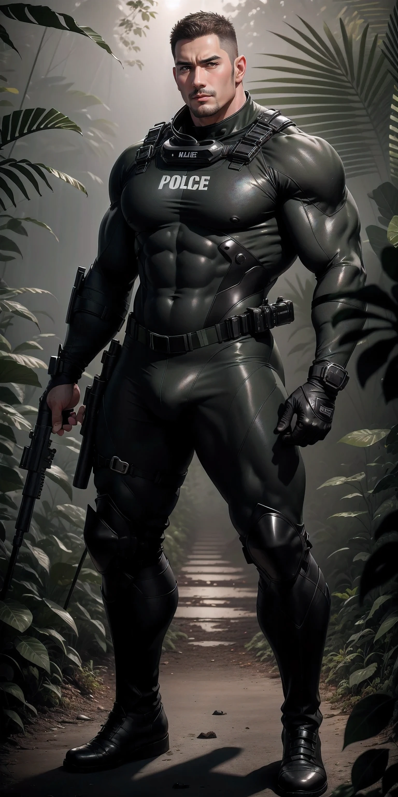 Tall giant muscular police officer.，Black and gray khaki camouflage uniform，character idea（Resident Evil - chris redfield，chris redfield）senior police officer，Wearing a black and gray khaki camouflage diving suit，Matte texture，regular symmetrical texture pattern，Standing in the dark sugar cane jungle, The body is wrapped in thick rattan，sad expression，Deep and charming eyes，Emerald Pupil Hero，heroic male pose，高大burly，muscular！Charming leg muscles，High, burly, Heqiang， Wearing a black and gray khaki camouflage diving suit， Super gain and cool， high resolution committee， Big feet in black boots，Charming strong man，The bright sunshine is shining on you，matte particles，shiny texture