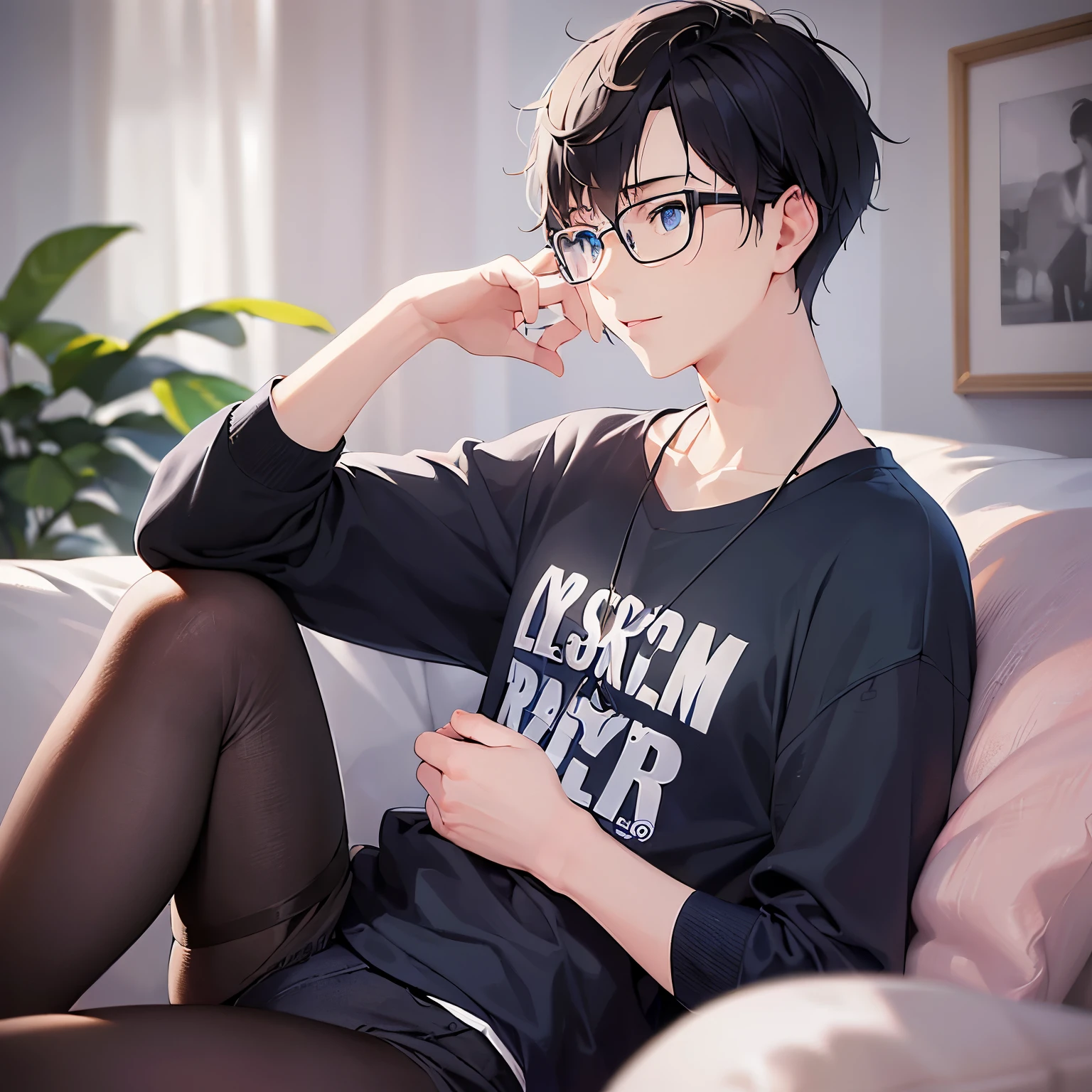 (looking away:1.5), side angle, (plastic frame eyewear:1.1), masterpiece、high quality、(25 year old man with short black hair and blue eyes:1.5), hair over eyes, Wearing a blue T-shirt、(Alone:1.5)、smile, (Only the upper body is shown.:1.3)、The background is the living room、bold composition、sitting