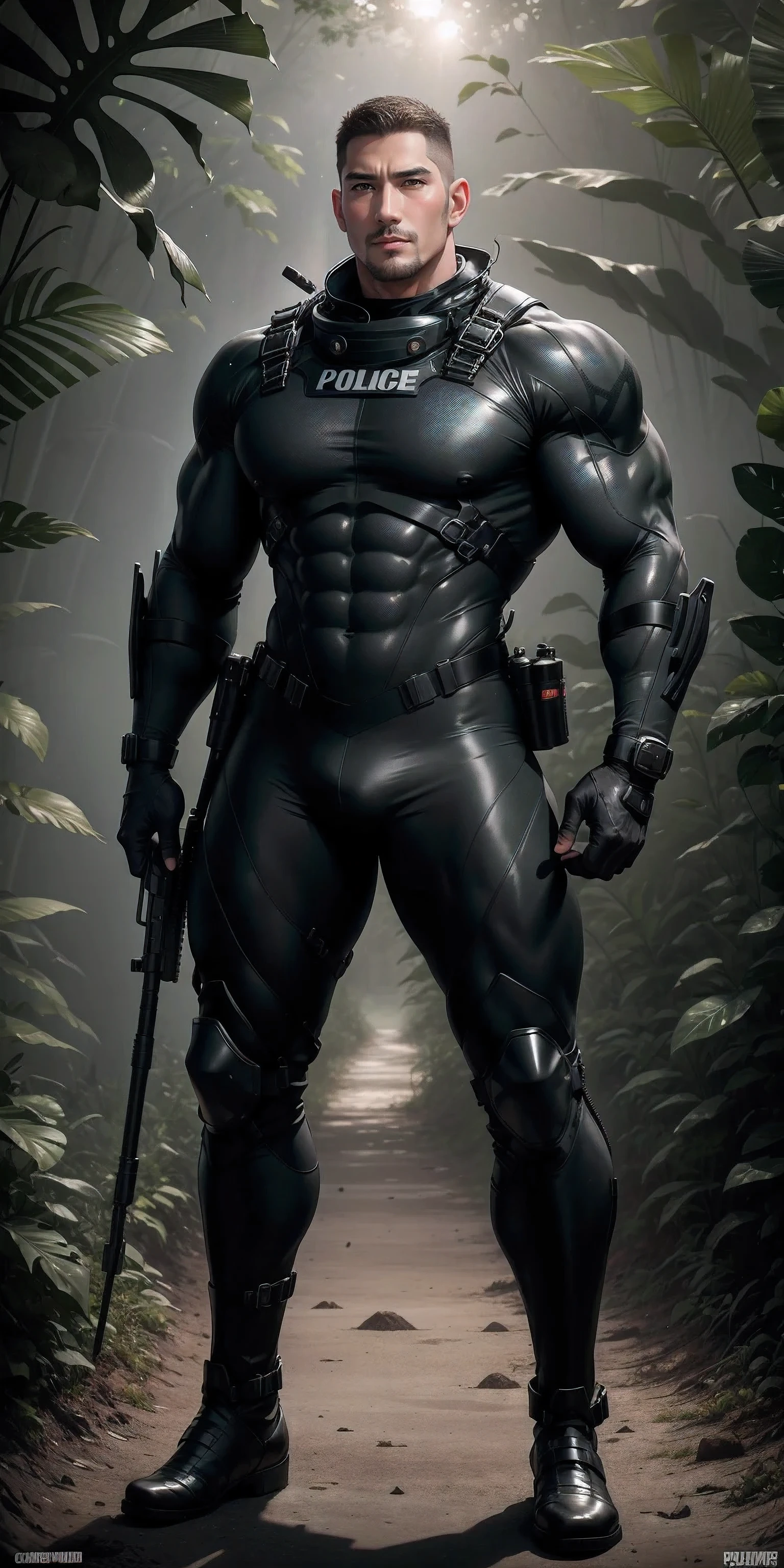 Tall giant muscular police officer.，Black and gray khaki camouflage uniform，character idea（Resident Evil - chris redfield，chris redfield）senior police officer，Wearing a black and gray khaki camouflage diving suit，Matte texture，regular symmetrical texture pattern，Standing in the dark sugar cane jungle, The body is wrapped in thick rattan，sad expression，Deep and charming eyes，Emerald Pupil Hero，heroic male pose，高大burly，muscular！Charming leg muscles，High, burly, Heqiang， Wearing a black and gray khaki camouflage diving suit， Super gain and cool， high resolution committee， Big feet in black boots，Charming strong man，The bright sunshine is shining on you，matte particles，shiny texture