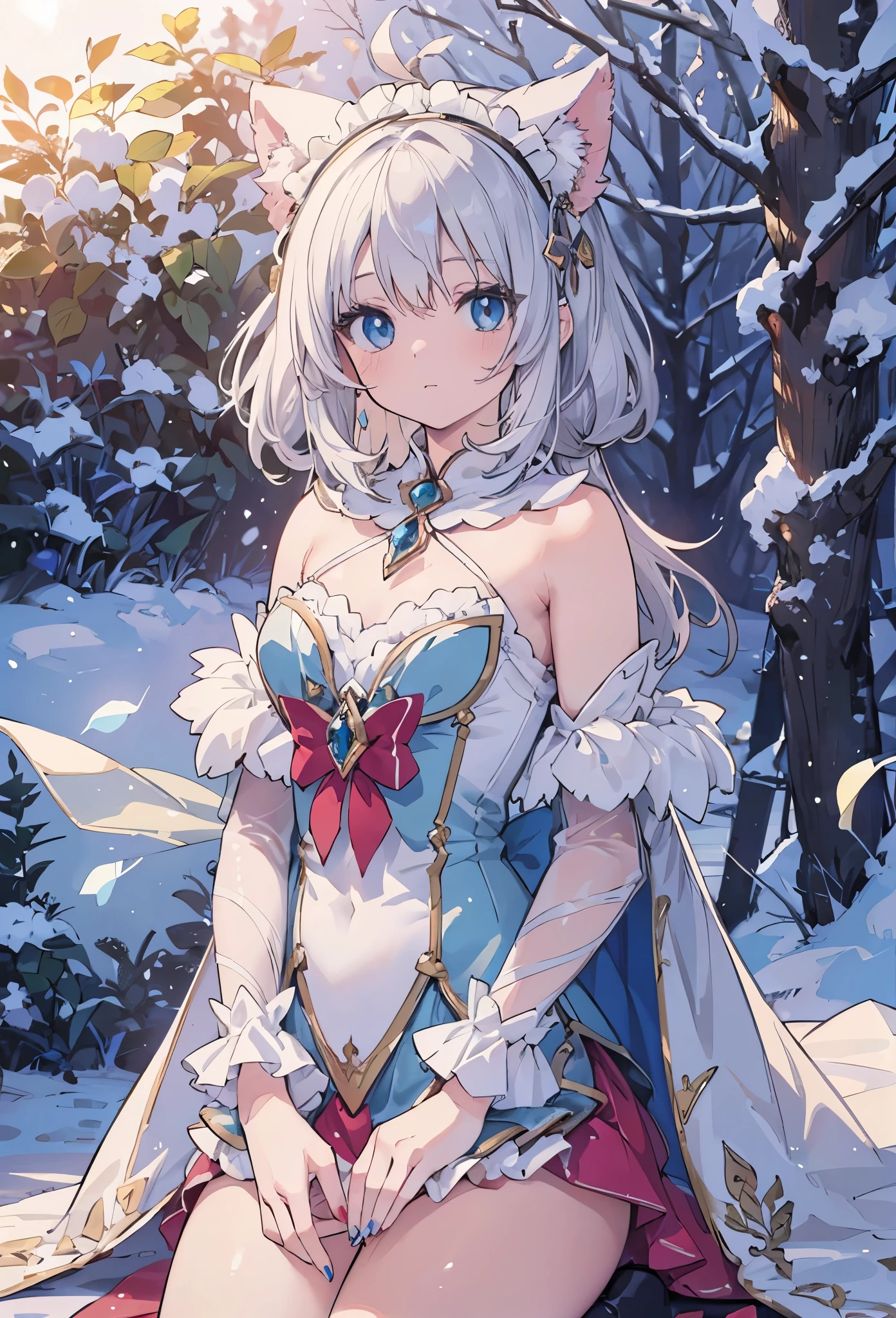 ((Highly accurate drawing in every detail)Extremely precise depiction)[High resolution],(detailed illustrations,Very detailed and precise drawing,Delicate drawn lines with tempo,Realistic texture expression),[color traced main line],[Winter Park [Walking trail](powder snow)],[HENTAI] kawaii ((anime) tareme Girl (Pretty) 12 years old [SKINNY [thin chest]]) (silver hair [[Hairstyles with a wide forehead]]) ((Magical girl)),((holly leaves) headdress) (Fur collared cape((frills) ribbon)[boa fabric dress][Color stockings],transparency [Soft ambient light] gravure [Colorful],(intricate and beautiful decoration [Dense detail]),(Fine and beautiful skin expression [transparency]),Precisely drawn eyes[完璧な目のdetailed(Iris drawn in minute detail)(Beautiful eyes like jewels)],[eyes light[Pinpoint lighting for the eyes]],[long and beautiful eyelashes],[precisely drawn hair [美しく艷やかな髪のdetailed]],(完璧な手のdetailed [Beautiful fingers with no damage [beautiful nails]]),(perfect anatomy(perfectly balanced proportions))[[full body portrait]],[ideal color coordination(Accurate simulation of light and material interactions)],([Precision Detail](detailed,High definition)),[[Pale and gentle colors]][Visual art that tells a story].